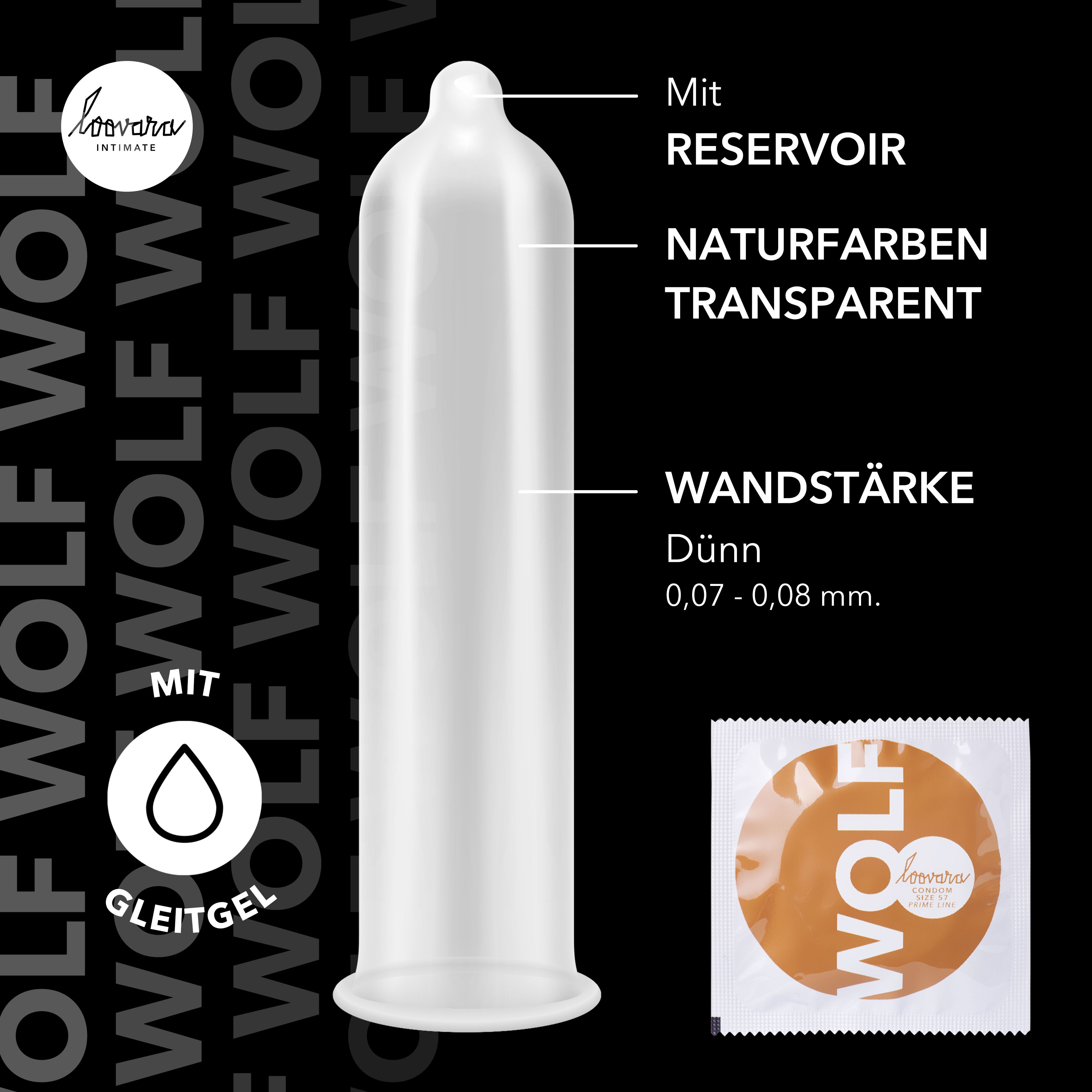 Préservatif transparent avec réservoir et lubrifiant. Couleur naturelle, épaisseur 0,07-0,08 mm. Emballage préservatif avec logo WOLF.