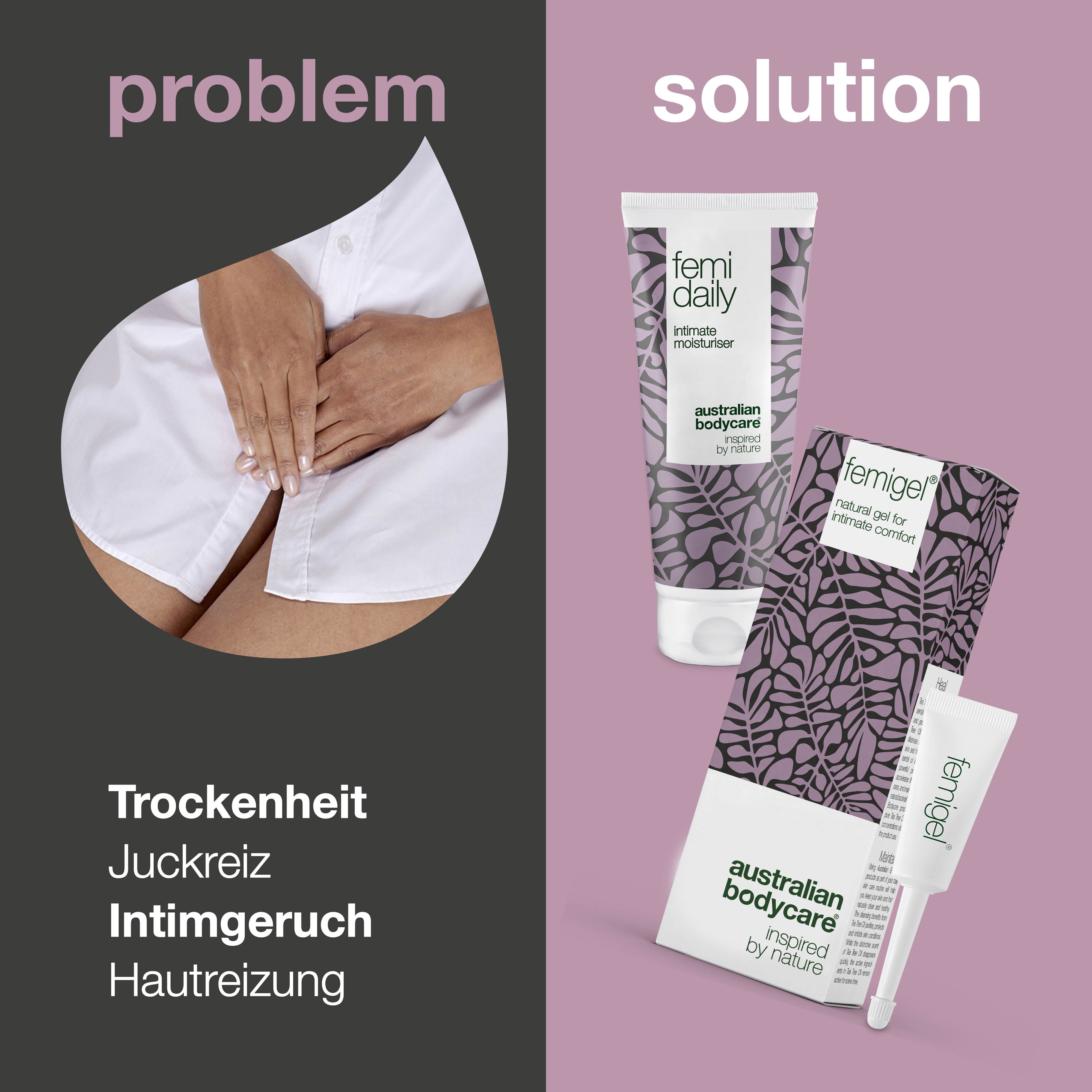 Problem und Lösung. Frau im weißen Hemd. Produkte: Femidaily, Femigel und Verpackung. Text auf Deutsch.