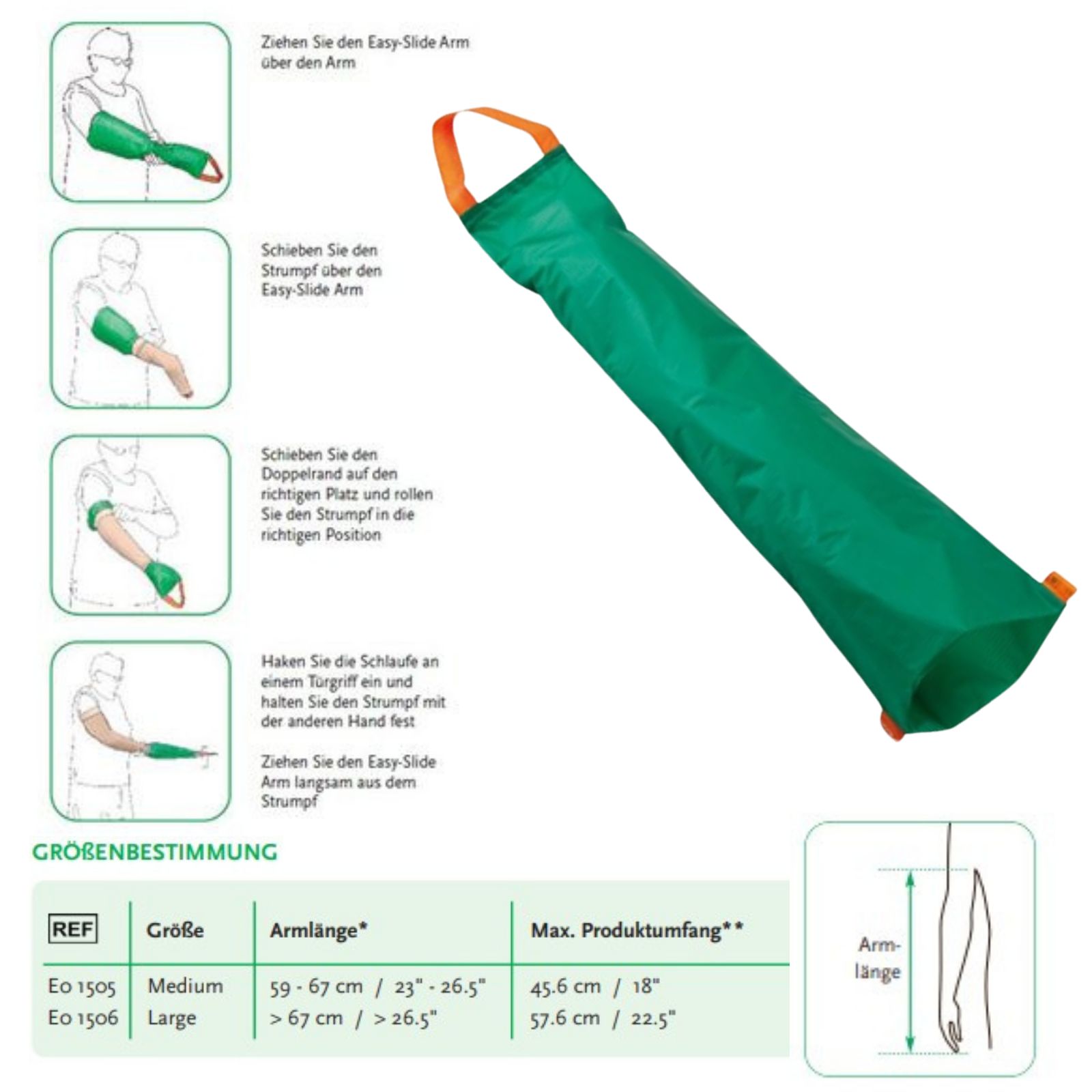 Grüner, schlauchförmiger Anziehhilfe für den Arm mit orangefarbenen Griffen. Größenangaben und Anwendungshinweise sind ebenfalls abgebildet.