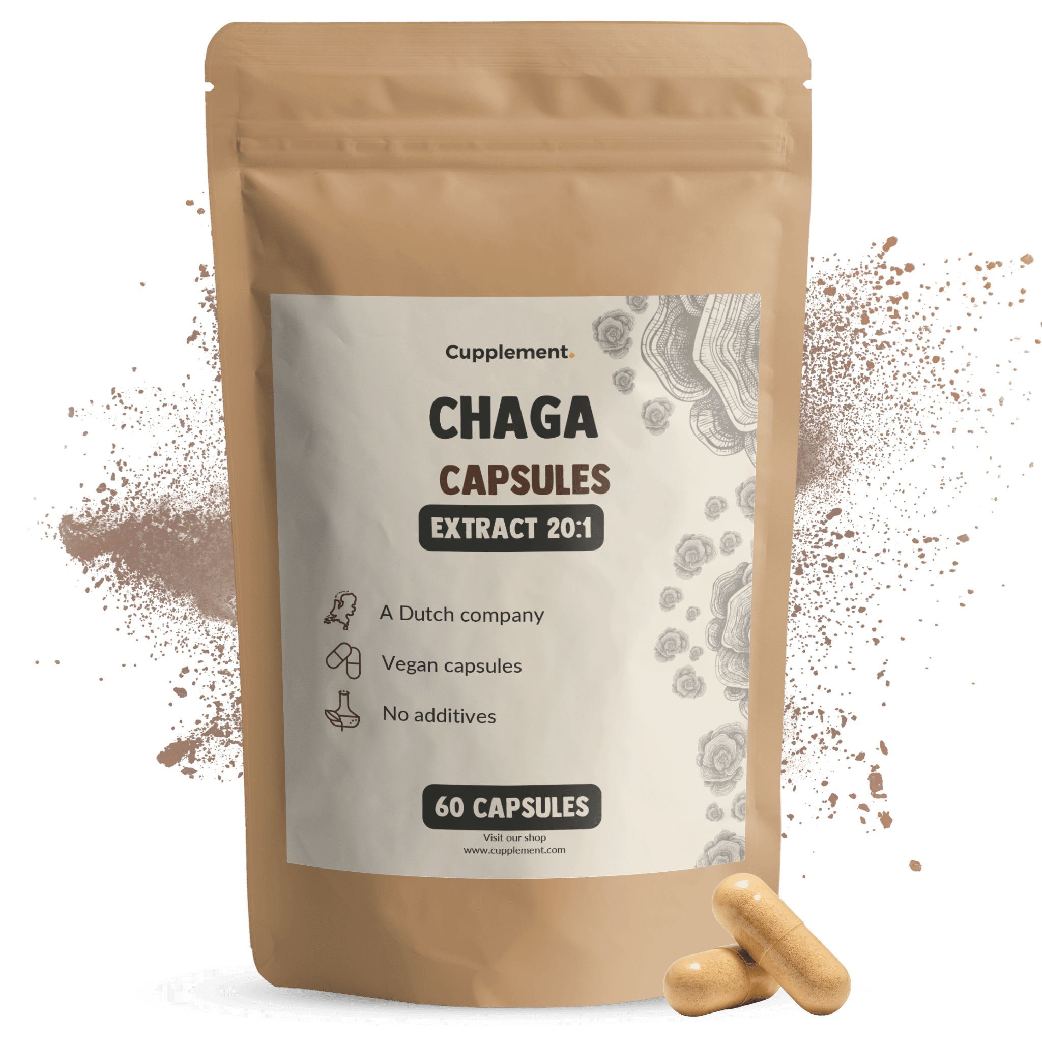 Braune Beutel mit Kapseln. Aufschrift: Chaga Capsules Extract 20:1. 60 Kapseln. Vegan.