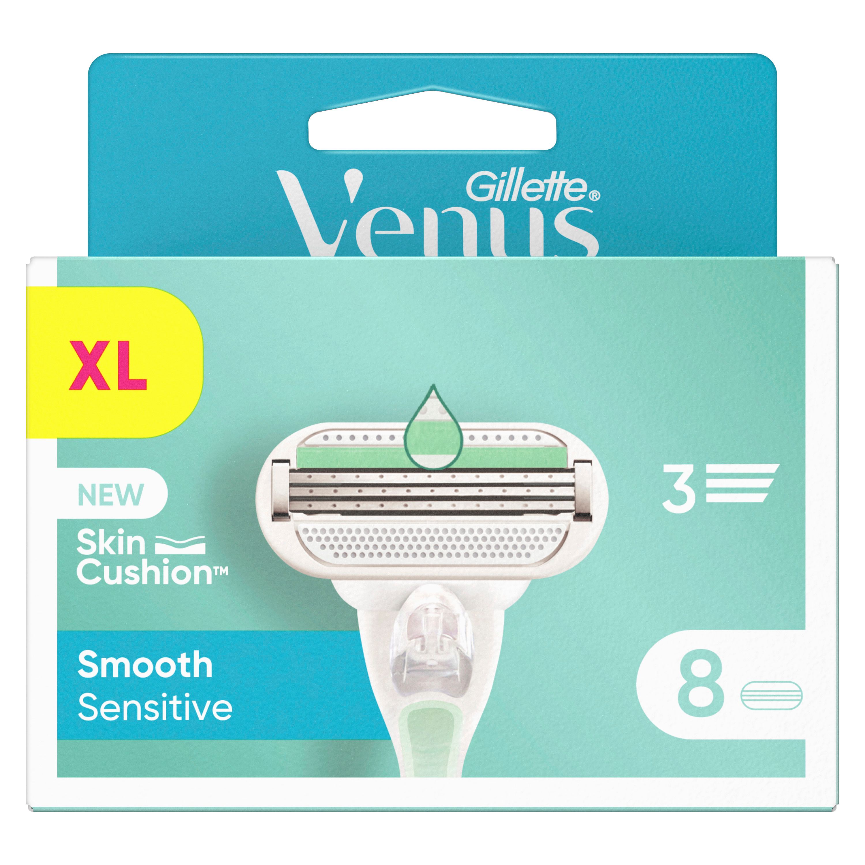 Packung mit Rasierklingen. Text: Gillette Venus, Skin Cushion, Smooth Sensitive, 8 Klingen, XL. Verpackung in Türkis und Weiß.