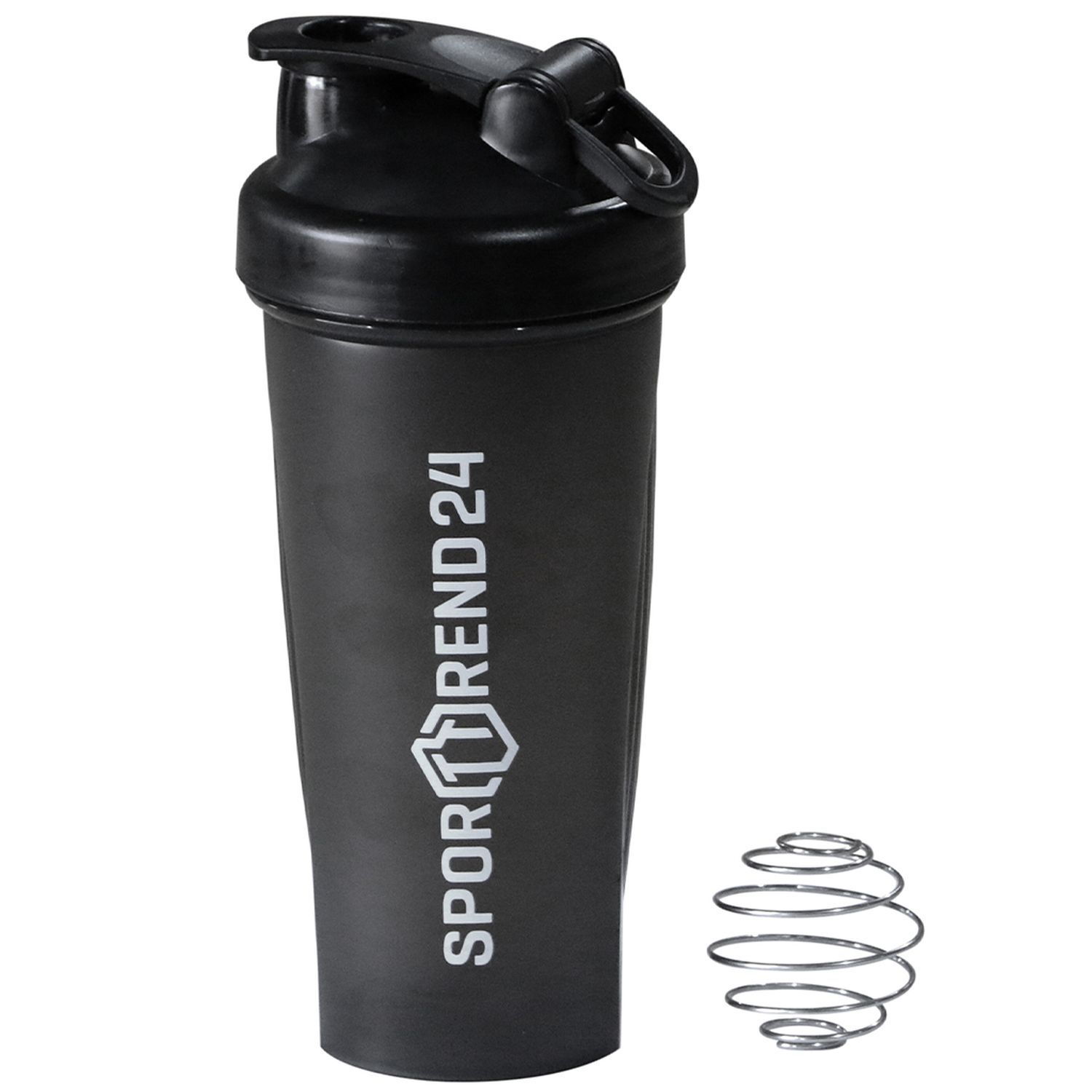 Schwarzer Shaker mit Klappdeckel und Metallkugel. Aufschrift 'SPORTTREND 24'.