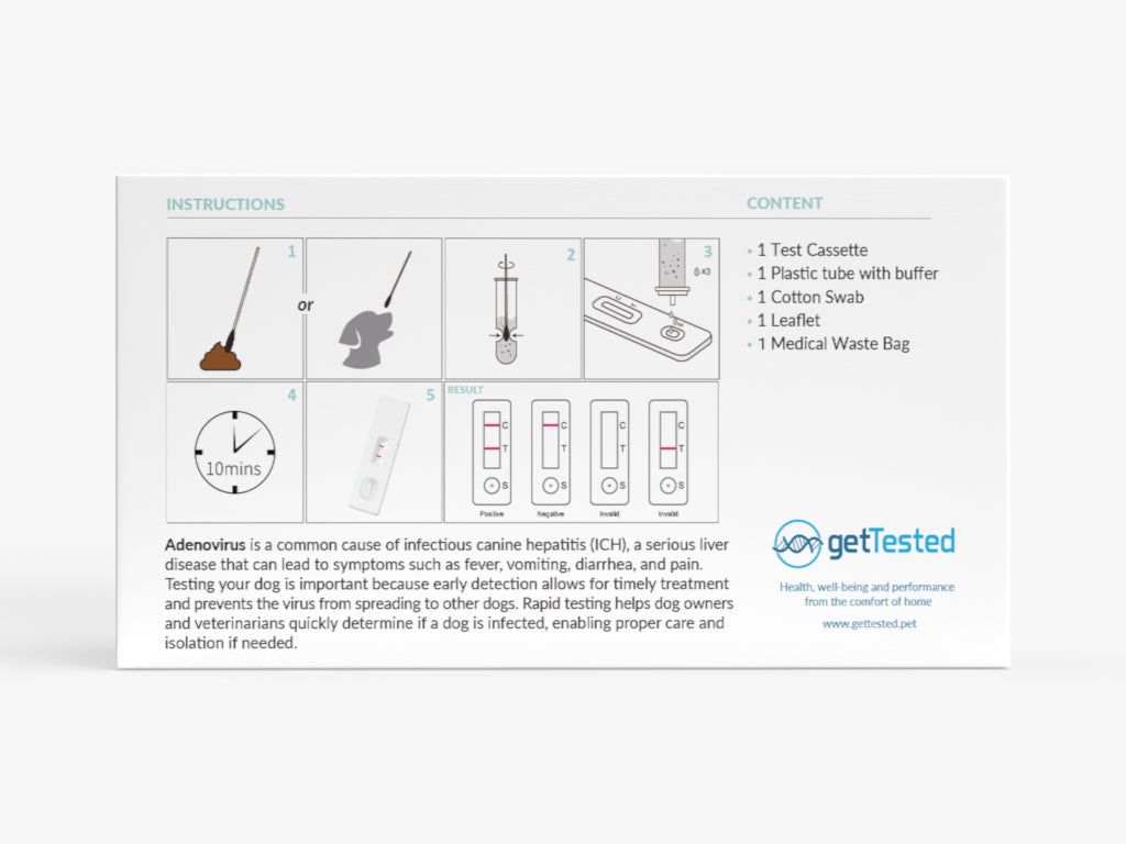 Verpackung mit Illustrationen und Text. Enthält Testkassette, Plastikröhrchen, Wattestäbchen, Beipackzettel und medizinischen Abfallbeutel.