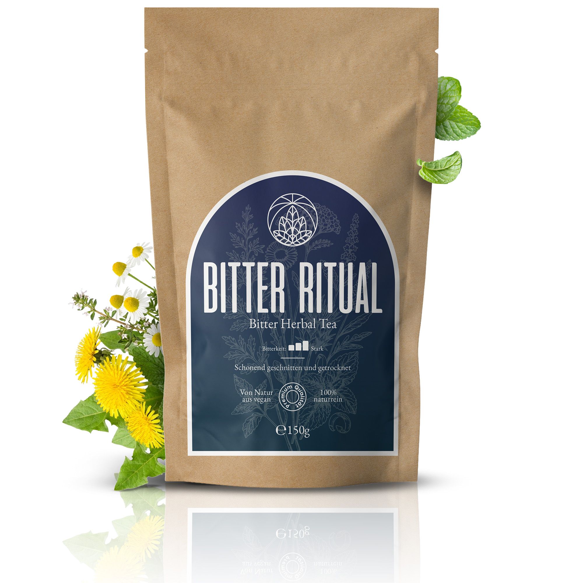 Braune Verpackung mit blauem Etikett. Aufschrift: Bitter Ritual Bitter Herbal Tea. 150g. Mit Kräutern und Blüten dekoriert.