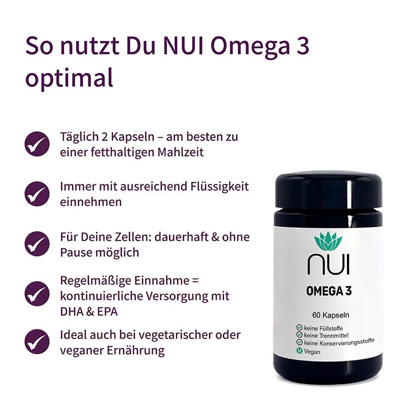 NUI Omega 3 Flasche. Schwarzer Deckel, weißes Etikett mit grünem Logo. 60 Kapseln. Vegan. Empfehlungen für die Einnahme.