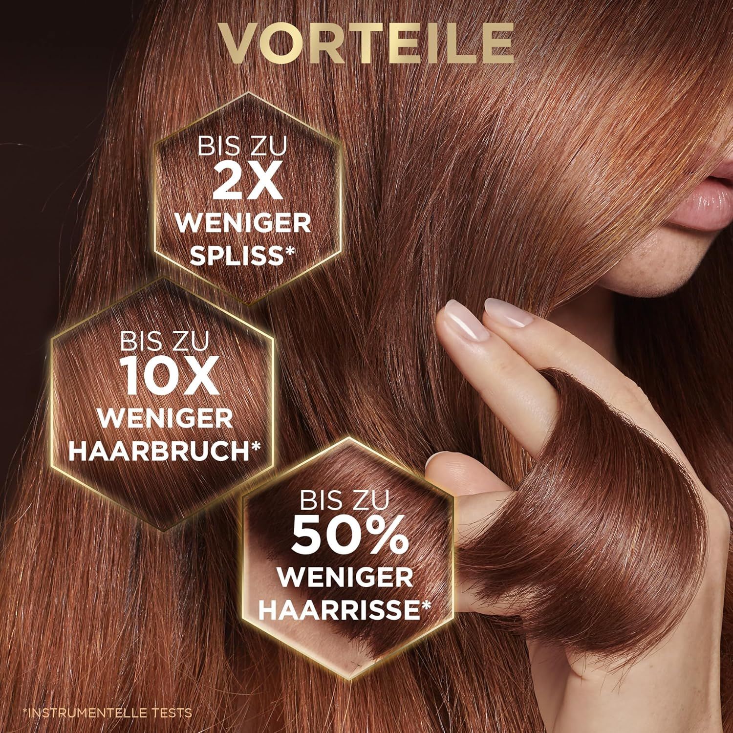 Haar mit Text-Overlays. Vorteile: Bis zu 2x weniger Spliss, bis zu 10x weniger Haarbruch, bis zu 50% weniger Haarrisse.