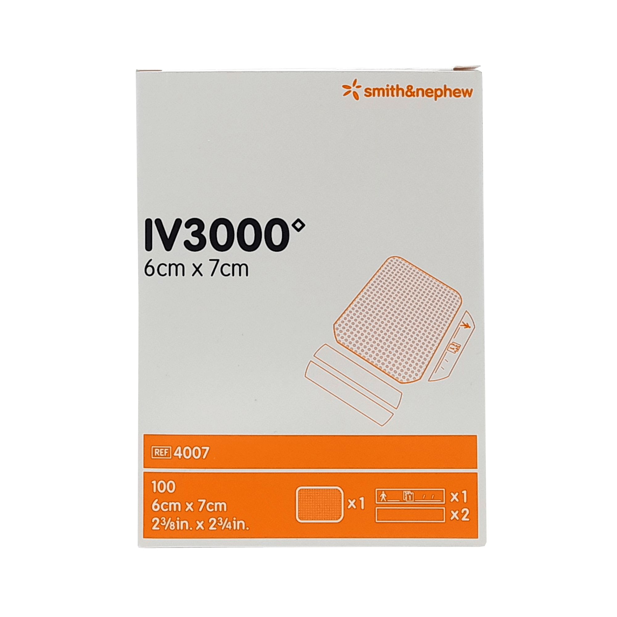 Verpackung von Smith & Nephew IV3000, 6cm x 7cm. Enthält 100 Stück. Mit schematischer Darstellung des Produkts und Zubehör.