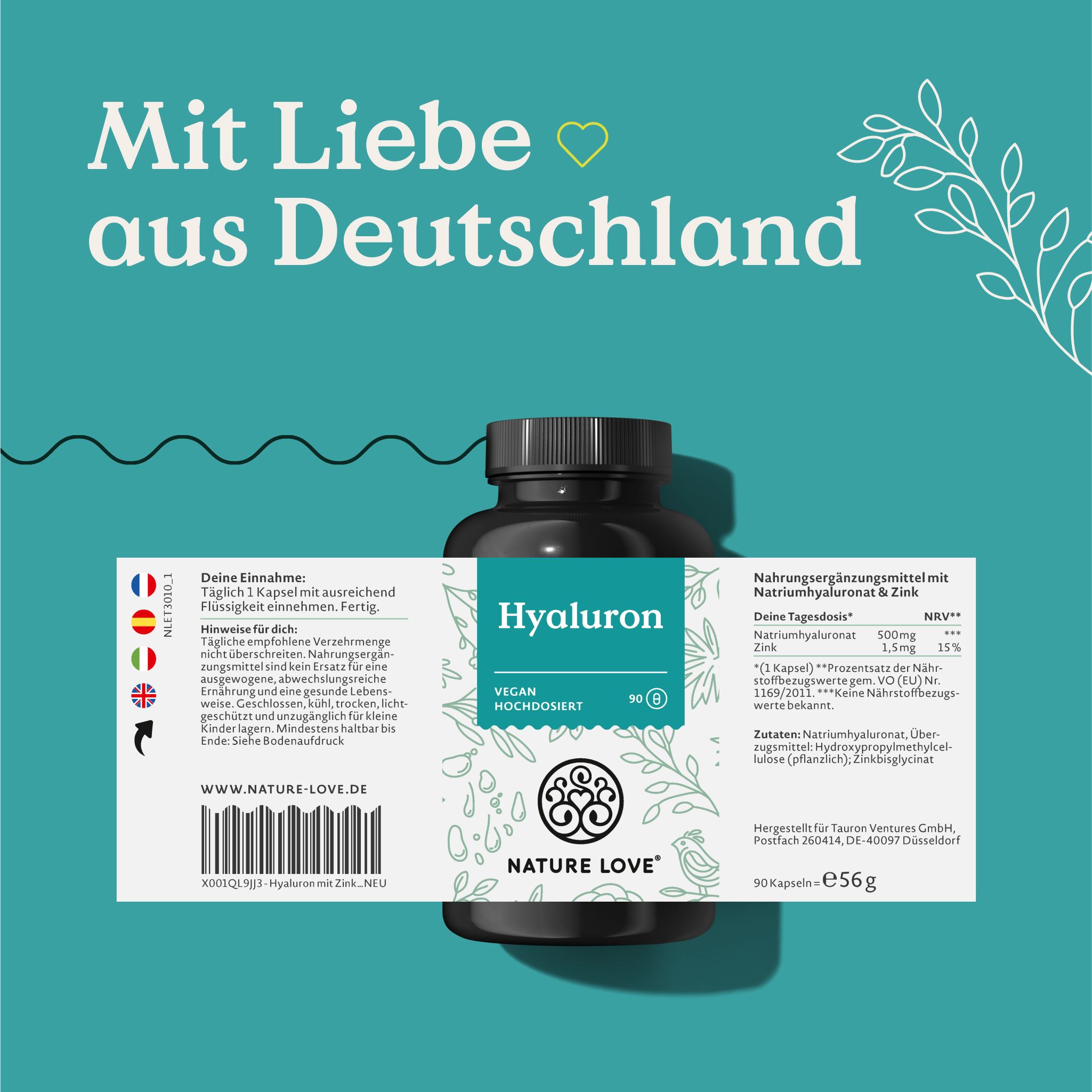 Braune Flasche mit Etikett. Text: Nahrungsergänzungsmittel. Logo: NATURE LOVE®. Hergestellt in Deutschland. Inhaltsstoffe.