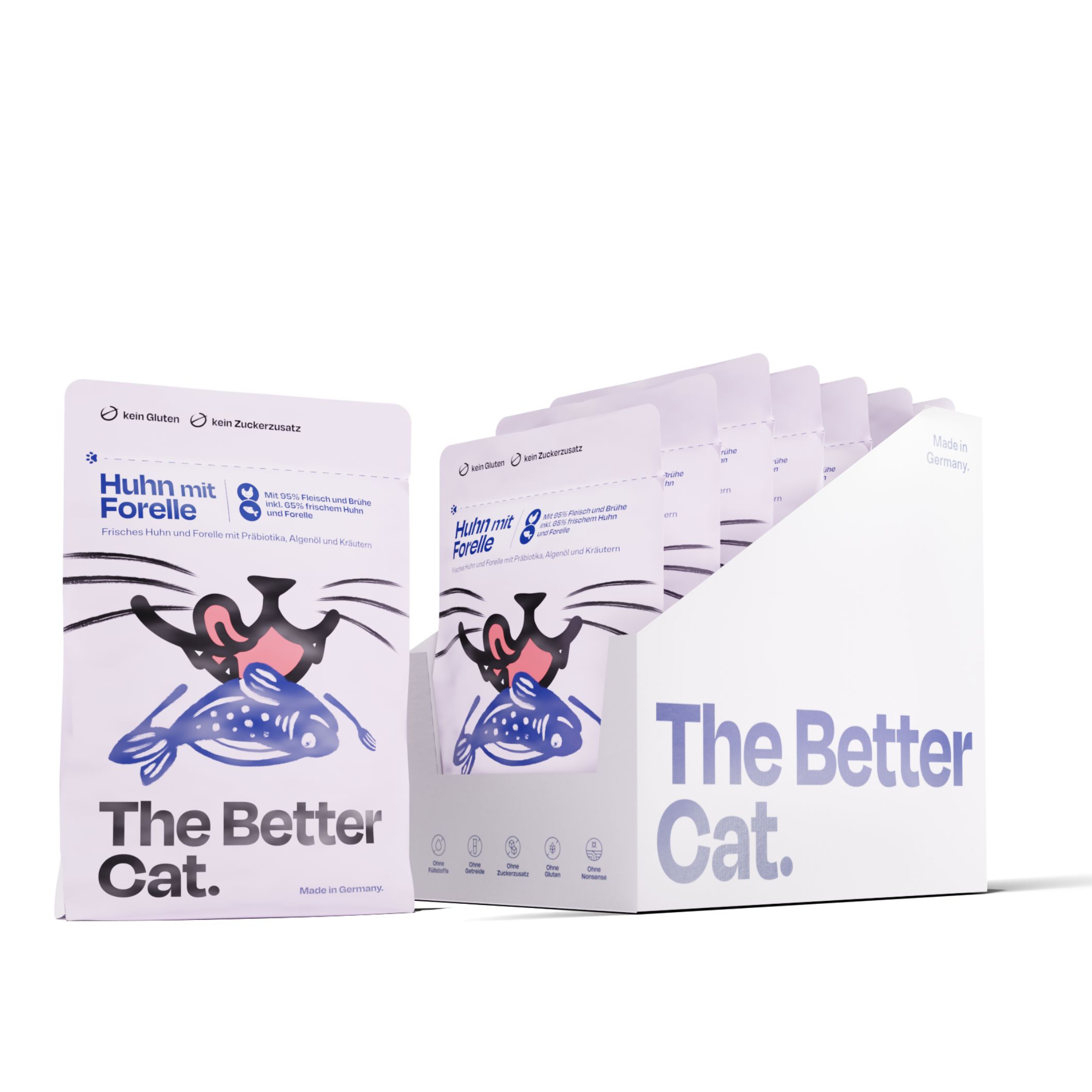 Verpackung mit Katzenfutterbeuteln. Beutel mit Huhn & Forelle-Motiv. Weißer Karton mit Logo The Better Cat.