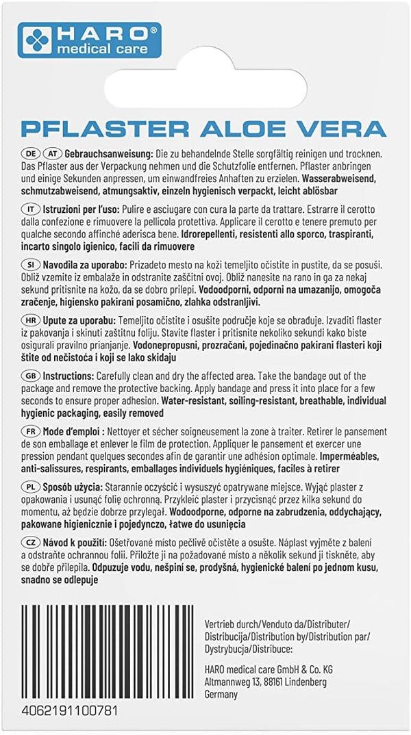 Achterkant van de pleisterverpakking. Tekst: gebruiksaanwijzing, ingrediënten. Medisch hulpmiddel. Fabrikantinformatie.