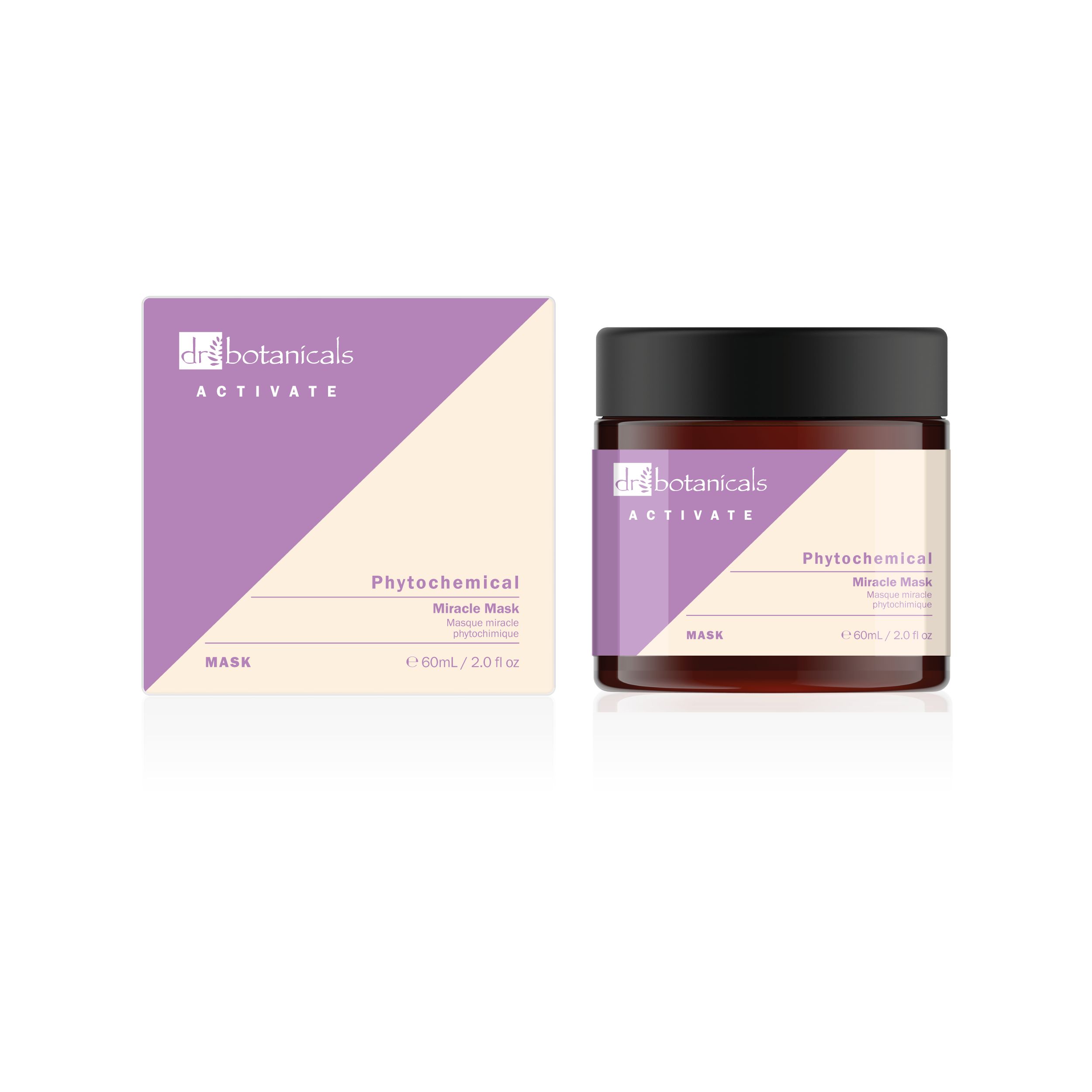 Dr Botanicals Maske und Verpackung. Violett-weißes Design. Aufschrift: Phytochemical Miracle Mask.