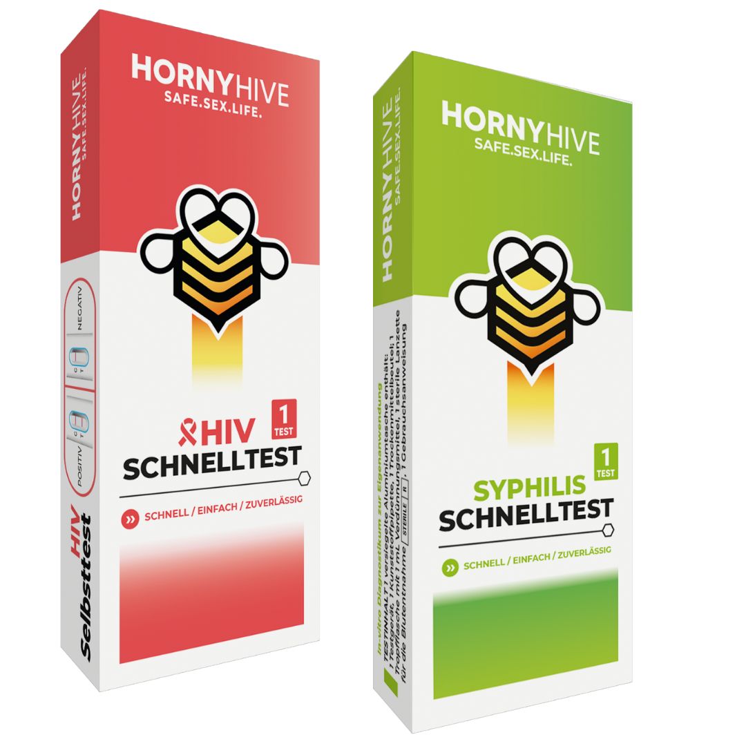 Zwei Verpackungen: rot für HIV, grün für Syphilis. Aufschrift: HORNYHIVE, Schnelltest. Enthält je einen Test.