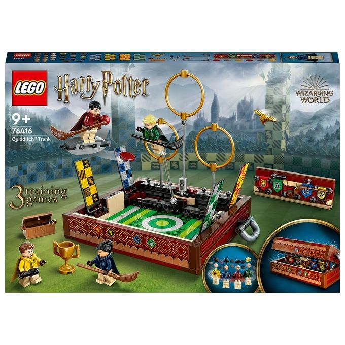 Set LEGO Harry Potter 76416 Baule del Quidditch. Include un'arena di gioco con tre giochi di allenamento, personaggi e accessori. La confezione mostra il logo LEGO, la scritta Harry Potter e l'età 9+.