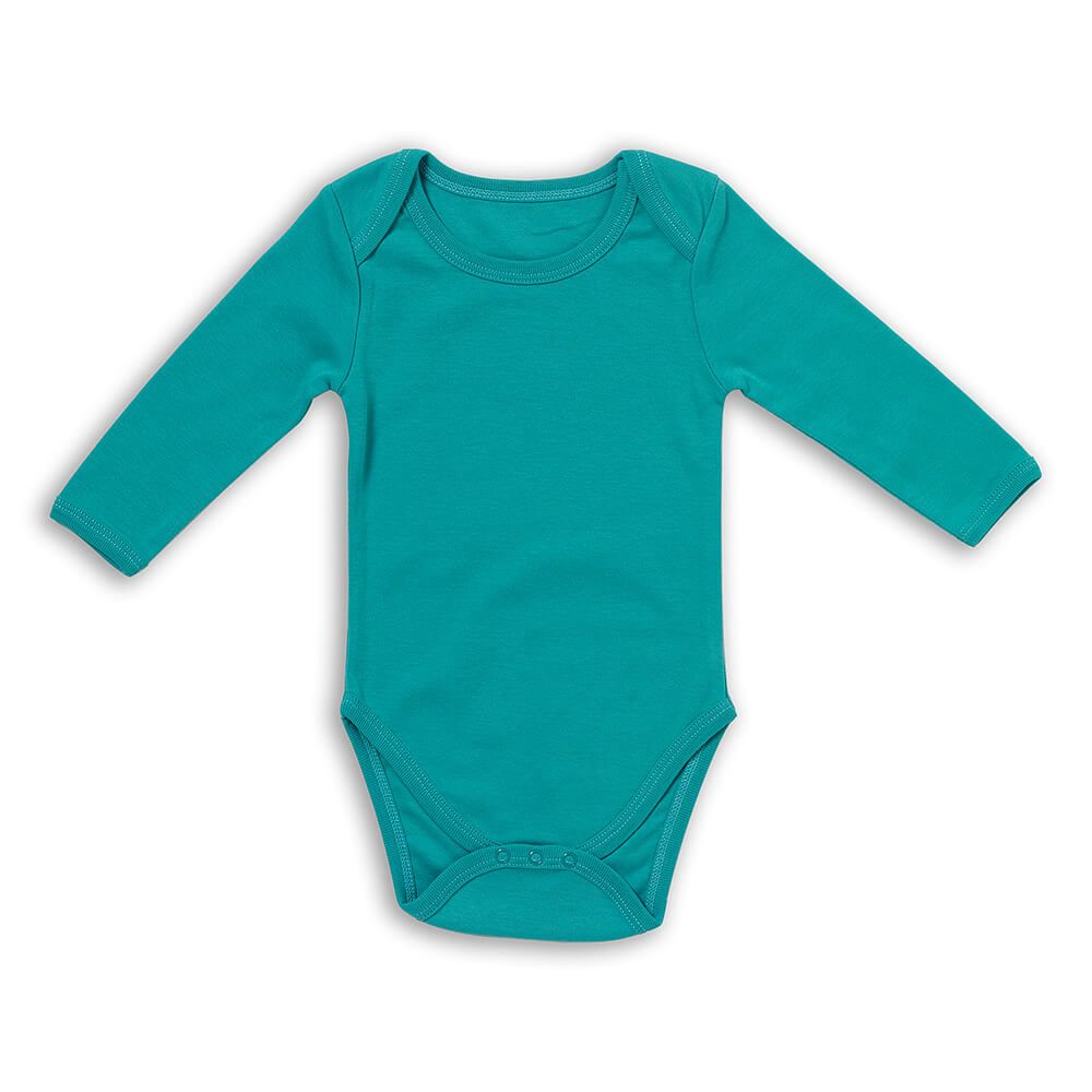 Türkisfarbener Baby-Body mit langen Ärmeln. 100% Bio-Baumwolle.
