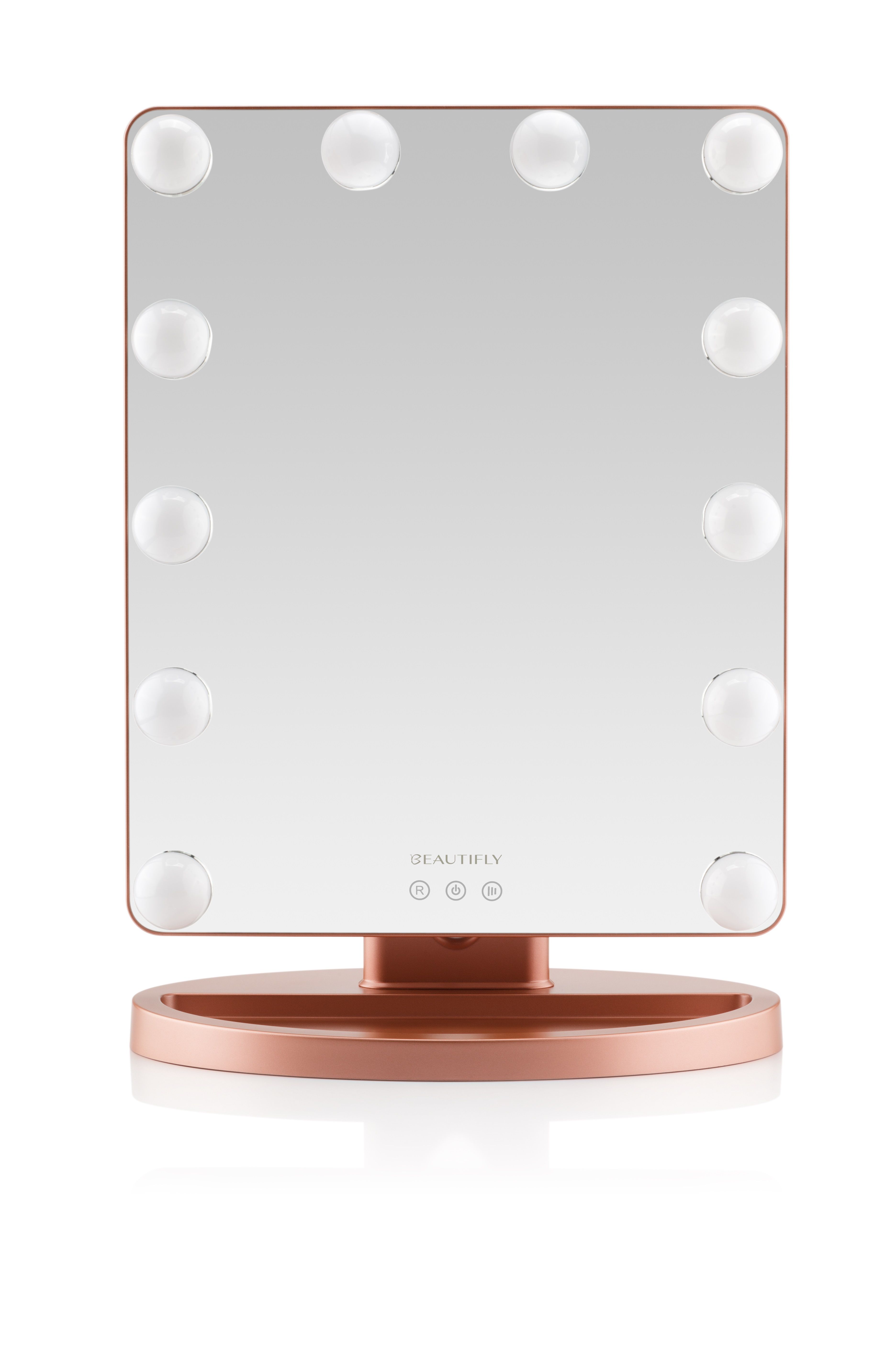 Rechteckiger Spiegel mit LED-Leuchten, roségoldfarbenem Rahmen und Standfuß. Unten: Marke BEAUTIFLY.