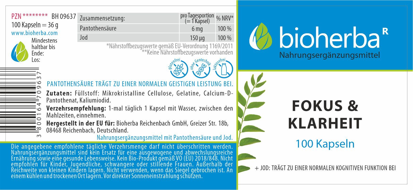 Etikett von Bioherba Fokus & Klarheit Kapseln. Enthält Informationen zu Inhaltsstoffen, Dosierung und Hersteller.
