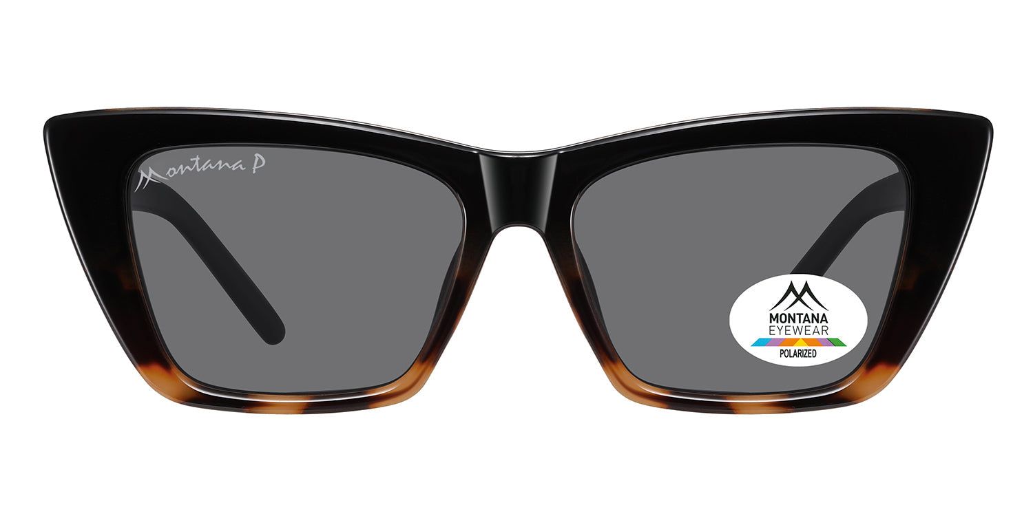 Sonnenbrille mit schwarzem Rahmen und braunen Akzenten. Graue Gläser. Montana Eyewear Logo und Polarized-Aufkleber.