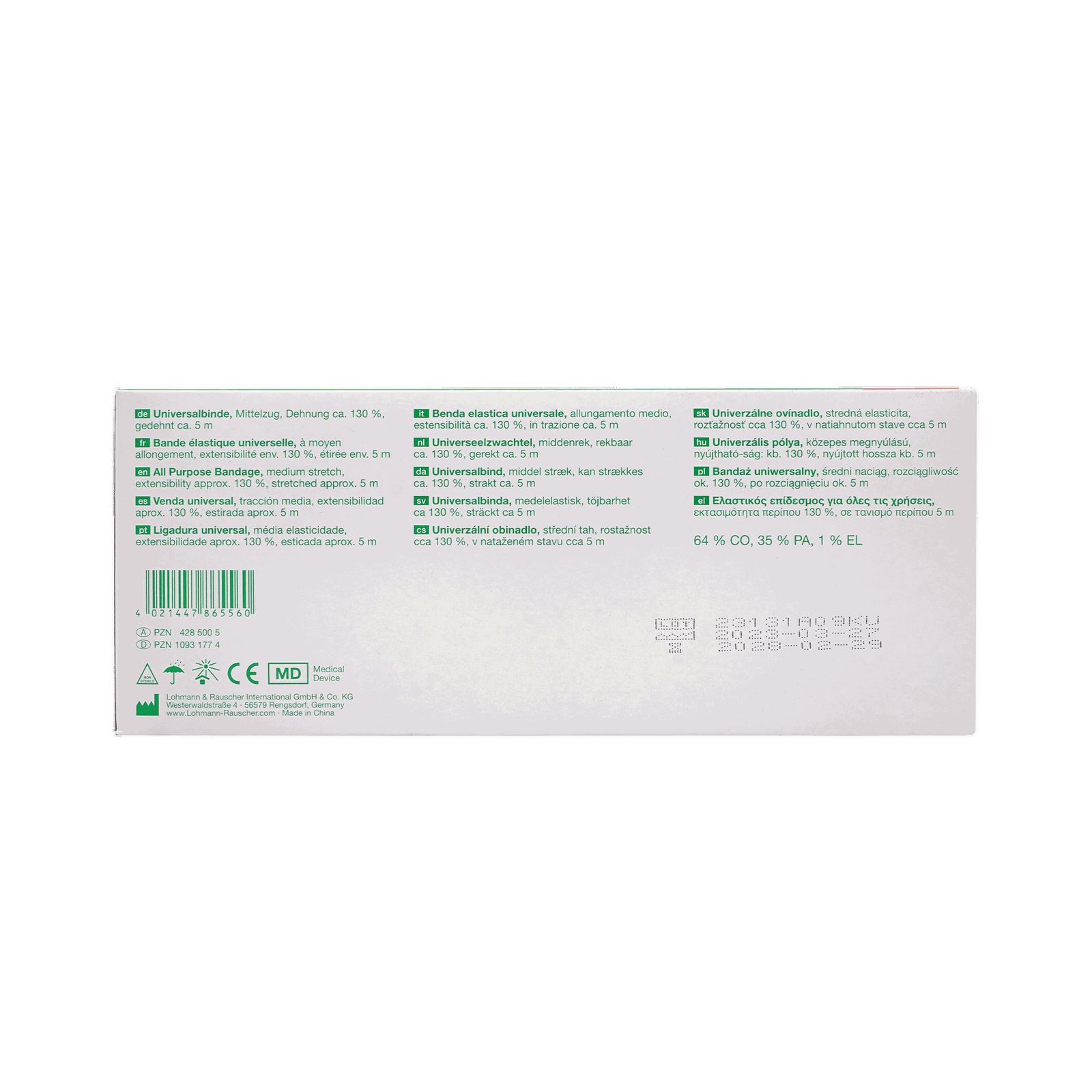 Rückseite der Verpackung von Lenkelast® Universalbinde. Text in mehreren Sprachen. CE-Kennzeichnung und andere Symbole.