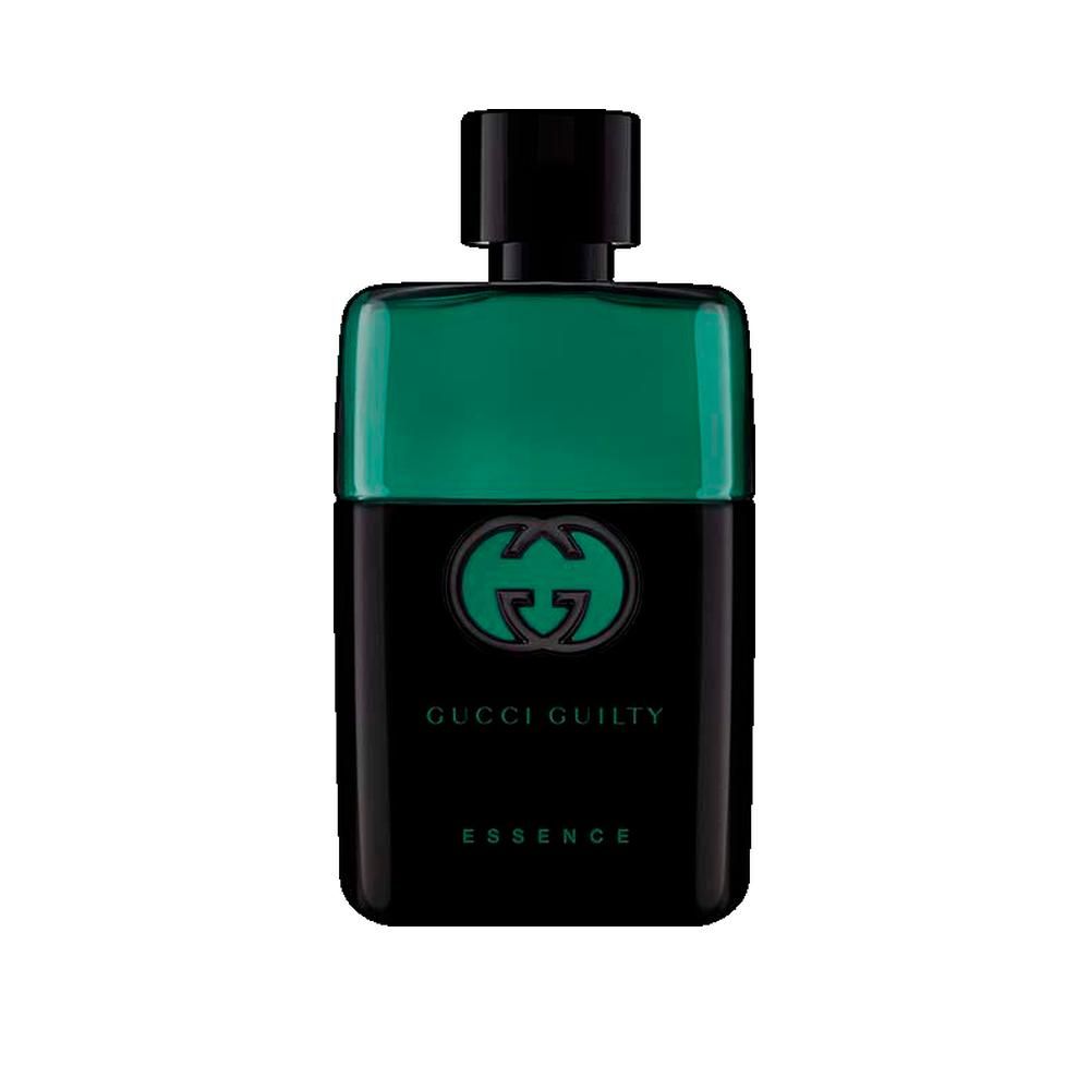Schwarzer Flakon mit grünem Deckel. Gucci-Logo und Schriftzug "Gucci Guilty Essence" auf der Vorderseite.