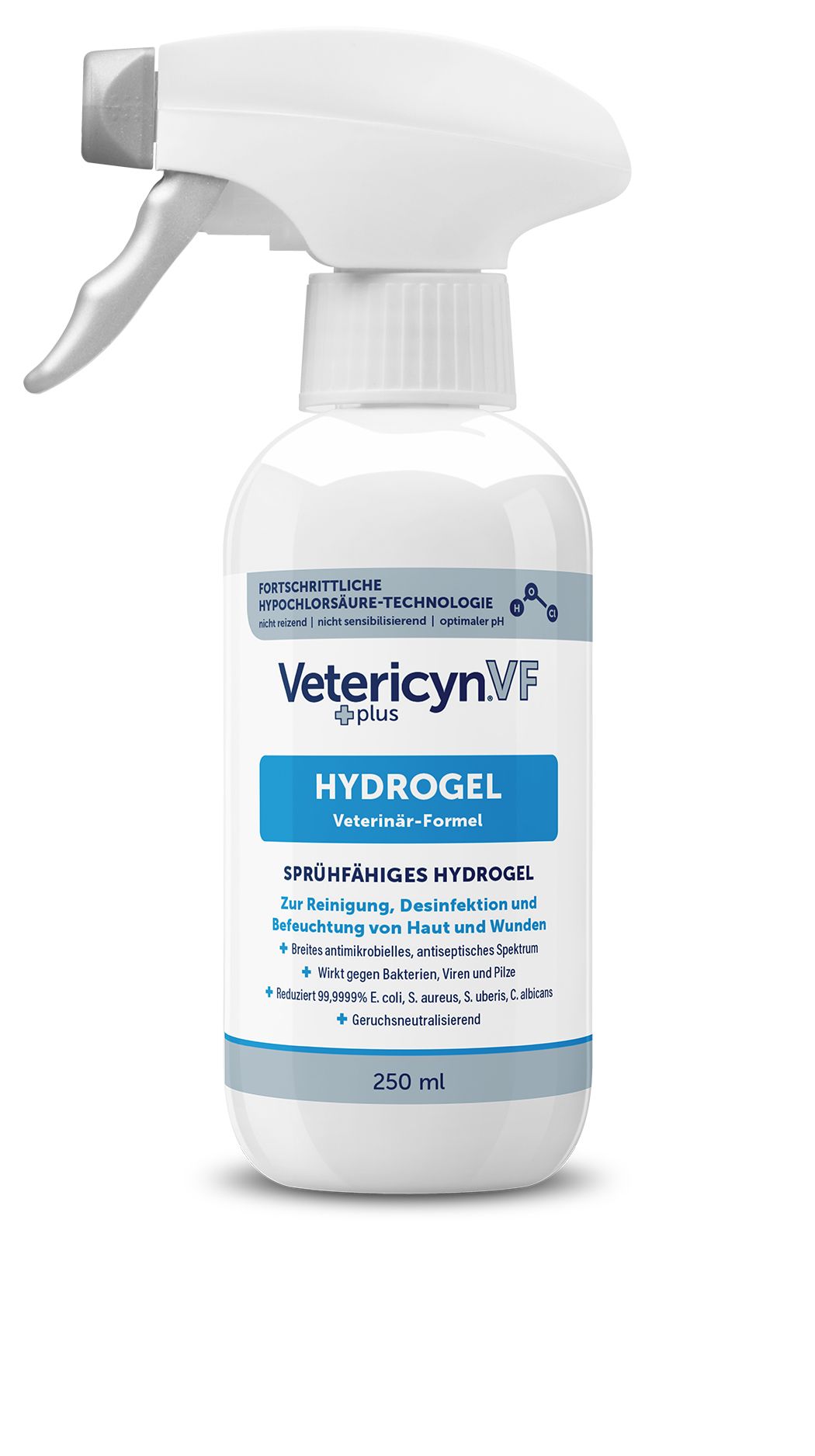 Weiße Sprühflasche mit grauem Sprühkopf. Beschriftung: Vetericyn.VF plus Hydrogel, Veterinär-Formel. Enthält 250 ml.