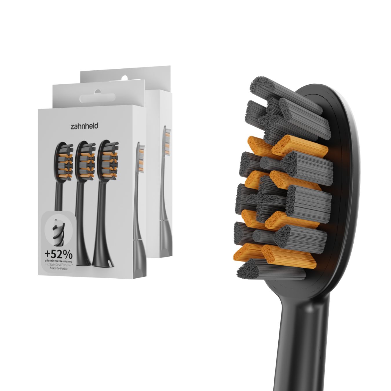 Zahnheld Bürstenköpfe in Verpackung. Schwarze Bürstenköpfe mit grauen und orangenen Borsten. Verpackung mit Logo und Text.