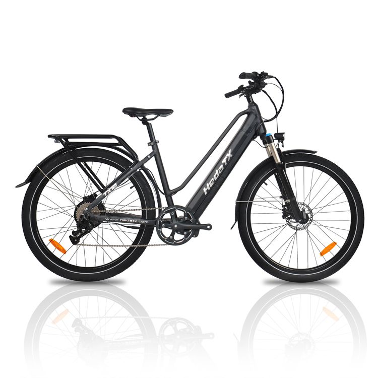 Schwarzes E-Bike HedaTX TX10. Seitenansicht. Gepäckträger, Schutzbleche. Auf weißem Hintergrund.