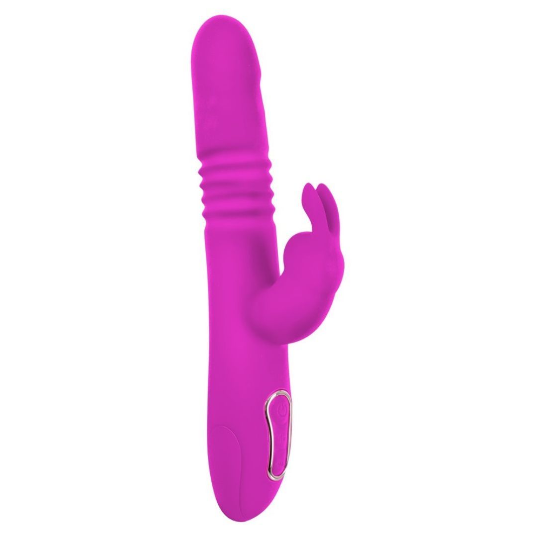 Lila Vibrator mit Hasenohren-Design. Mit geriffelter Oberfläche und Bedienknopf. Aus Silikon.