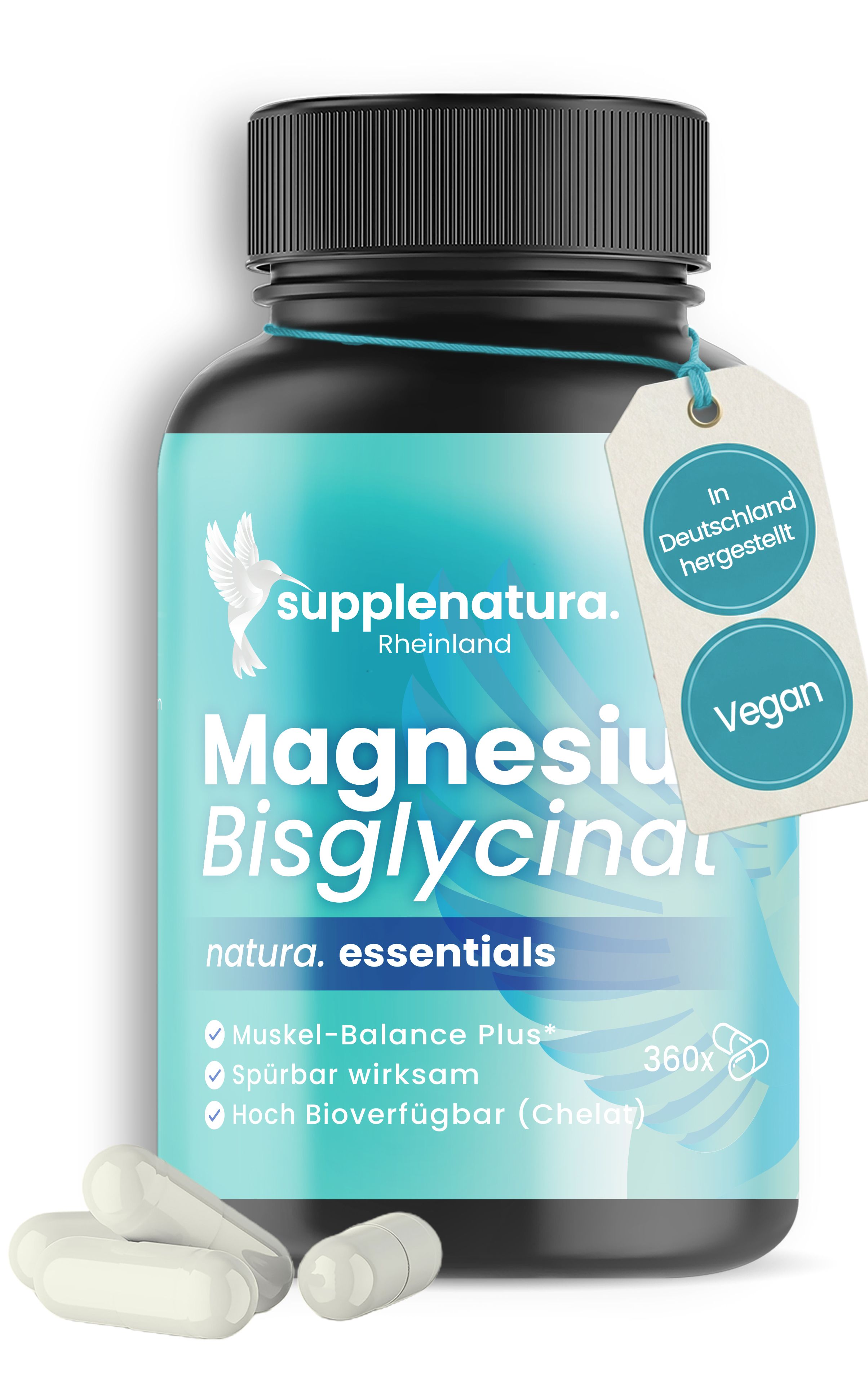 Braune Flasche Magnesium Bisglycinat mit Kapseln.  Label: Vegan, hergestellt in Deutschland.  360 Kapseln.  Marke: supplenatura.