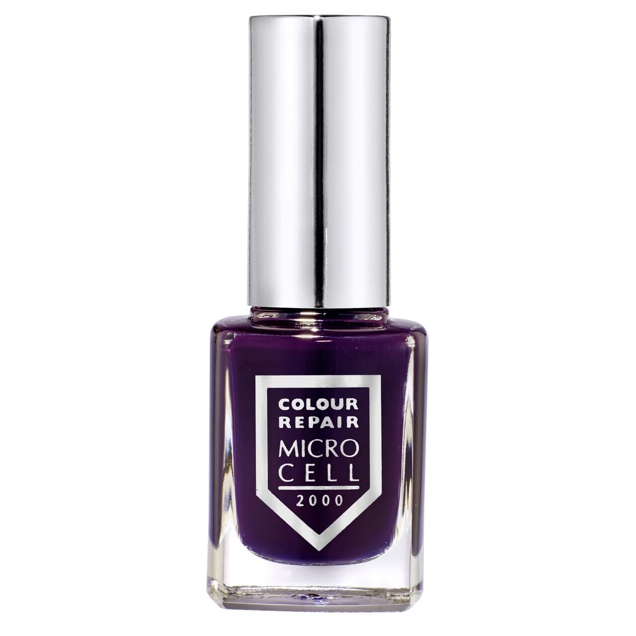 Nagellackflasche, quadratisch, dunkelviolett. Silberner Deckel. Aufschrift: Colour Repair Micro Cell 2000.