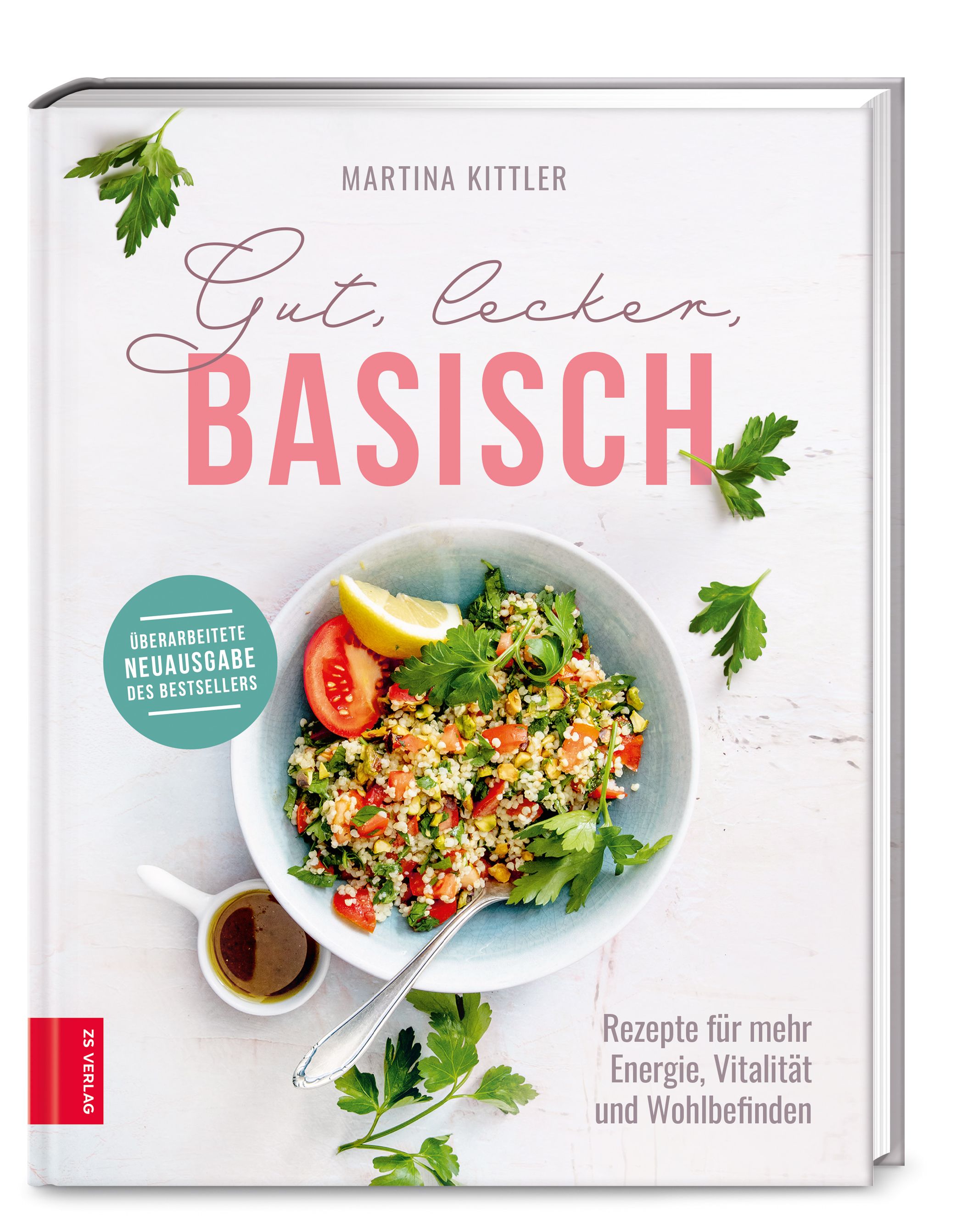 Buchcover mit Titel "Gut, lecker, basisch". Autorin: Martina Kittler. Abgebildet ist eine Schüssel mit Salat. ZS Verlag.