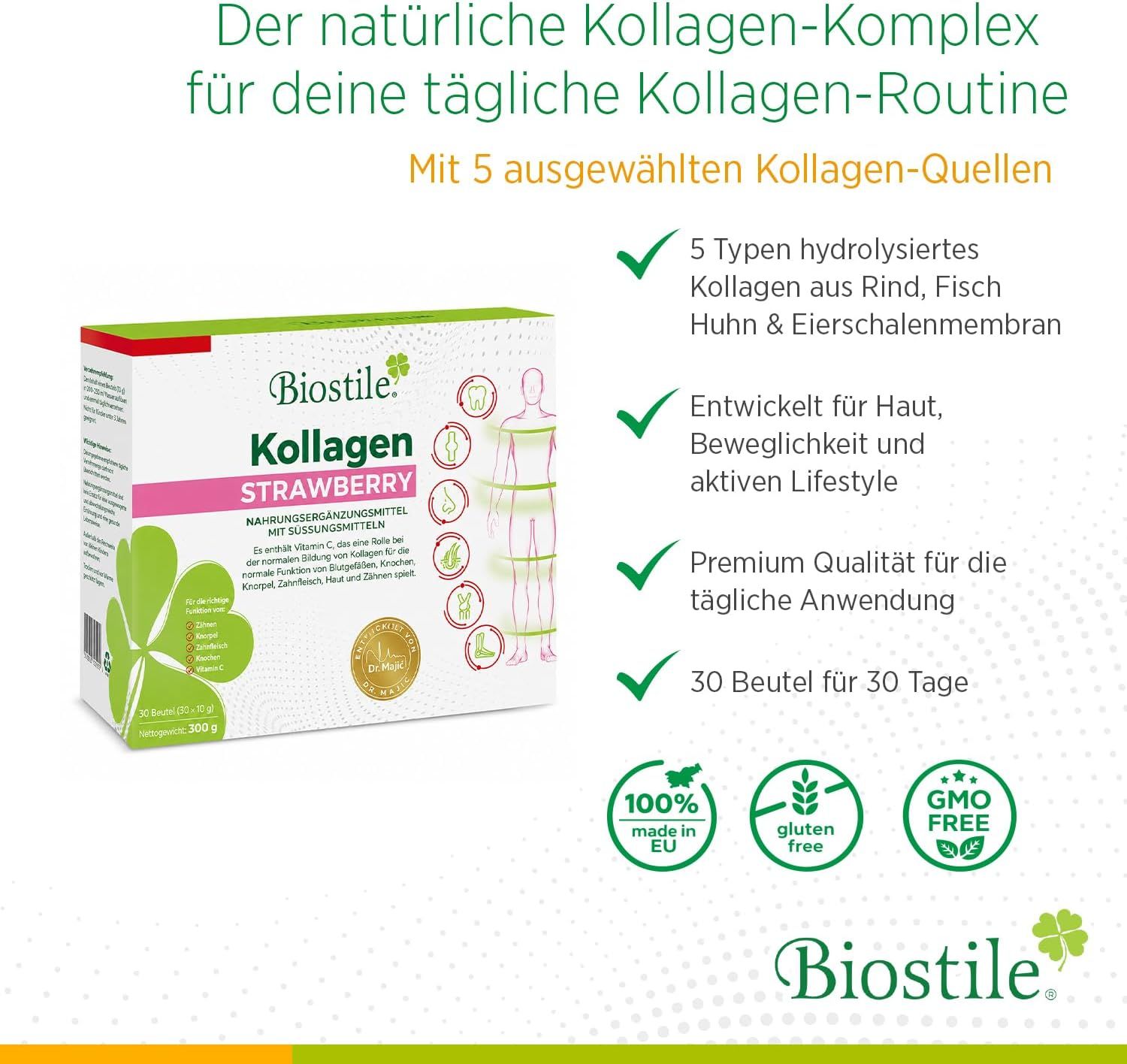 Biostile Collagen Strawberry Karton mit Siegeln: Made in Europe, Premium Quality.