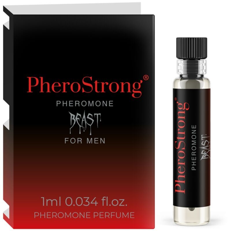 PheroStrong Pheromone Beast für Männer. Flakon und Verpackung. Schwarze Flasche mit roter Schrift. 1ml.