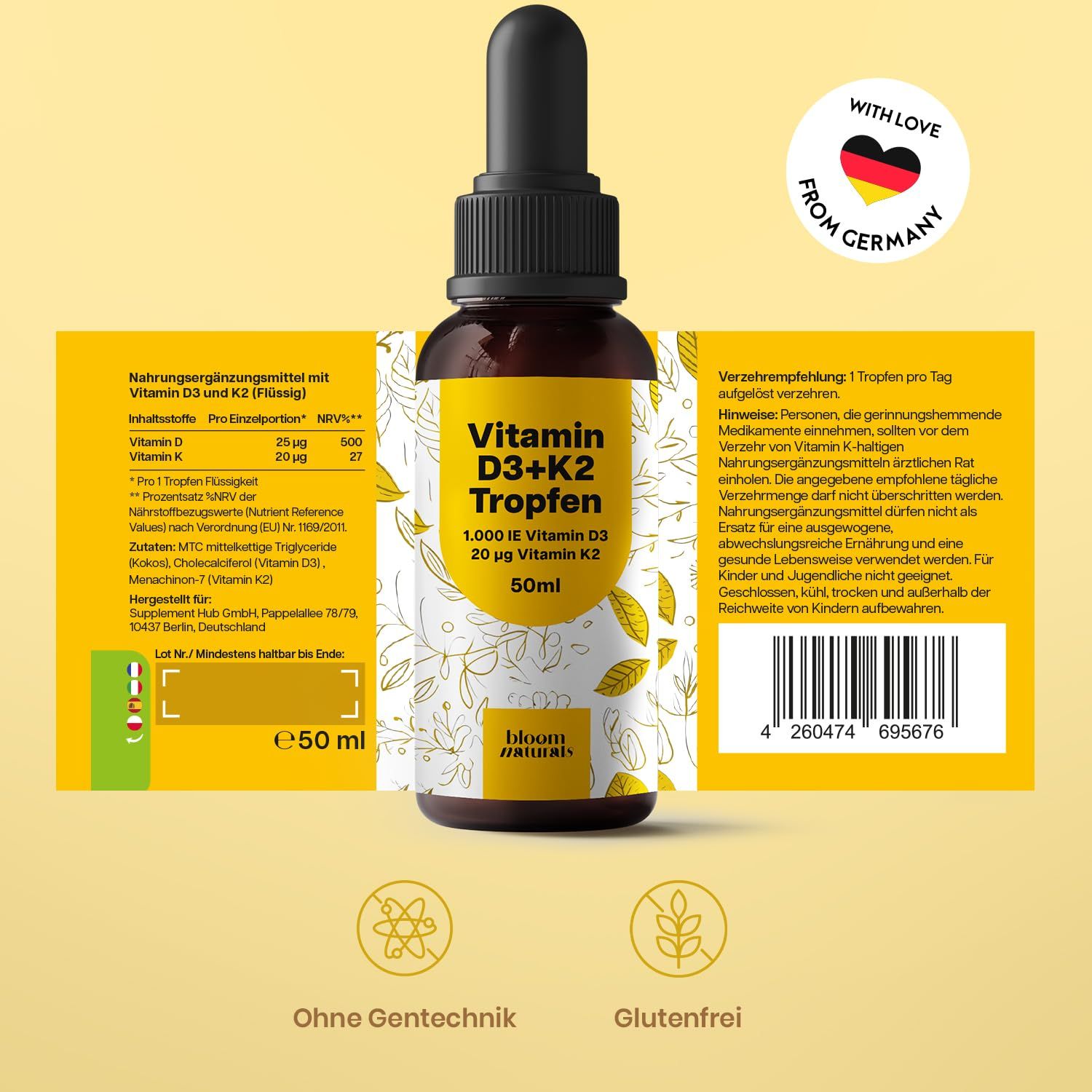 Braune Flasche mit gelbem Etikett, geöffnet. Aufgeklappte Packungsbeilage mit Informationen. Text: Vitamin D3+K2 Tropfen, 1.000 IE Vitamin D3, 20 µg Vitamin K2, 50ml. Ohne Gentechnik, Glutenfrei.