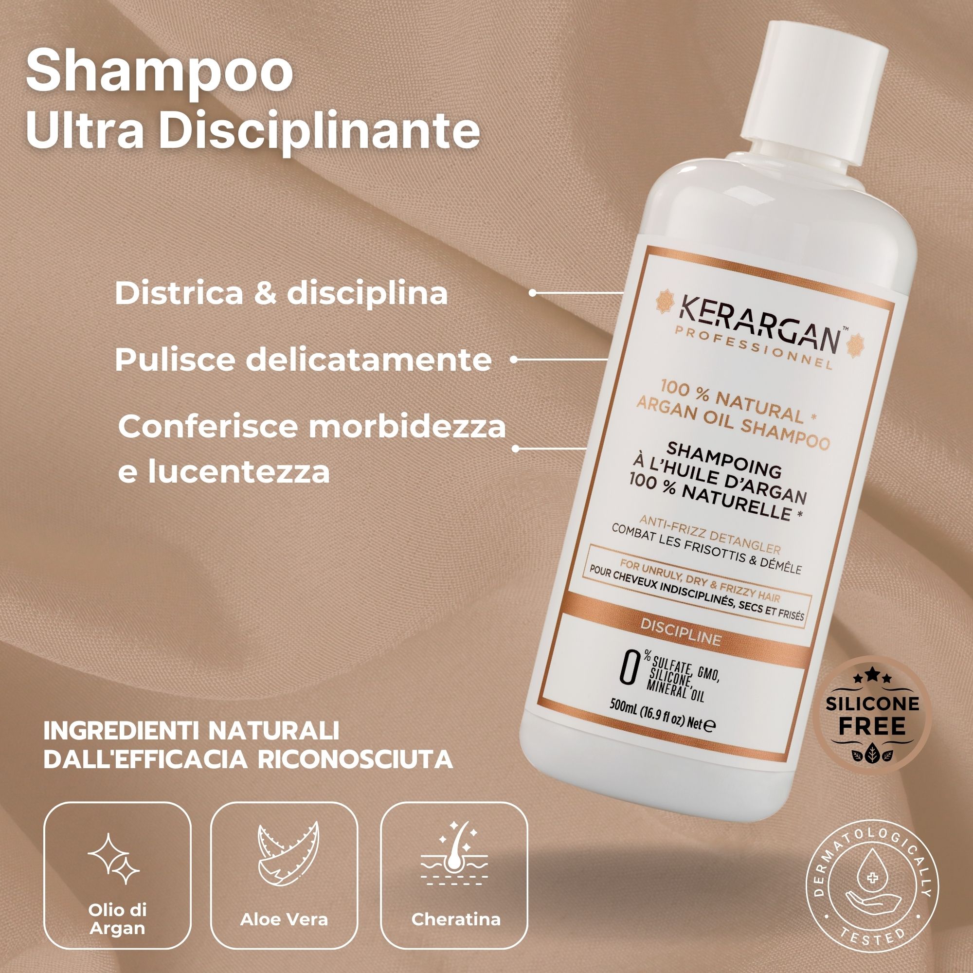 Flacone bianco di shampoo. Testo: Kerargan, shampoo all'olio di argan 100% naturale. Per capelli secchi. Senza silicone. Testato.