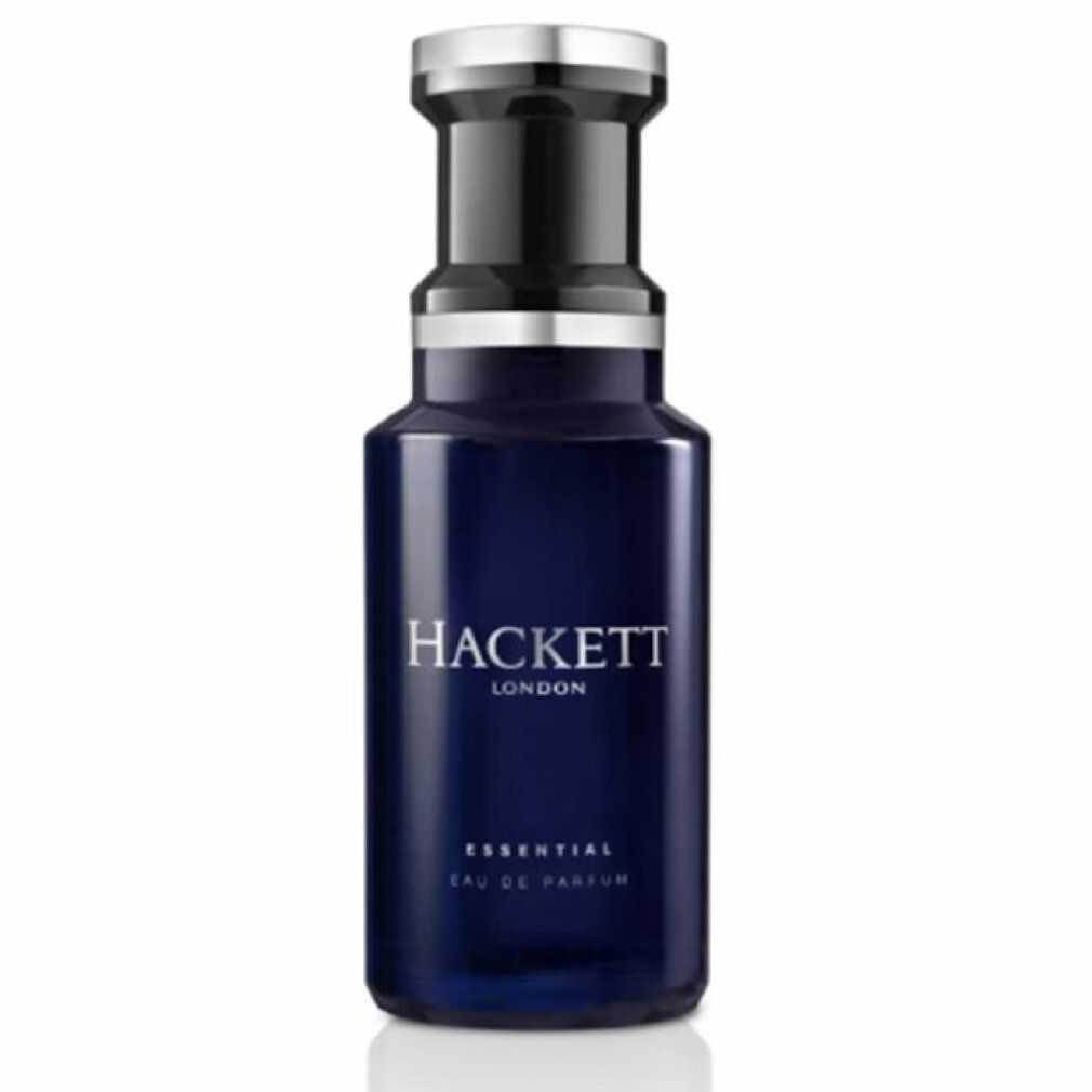 Dunkelblaue Flasche mit silbernem Verschluss. Aufschrift: HACKETT LONDON ESSENTIAL EAU DE PARFUM.