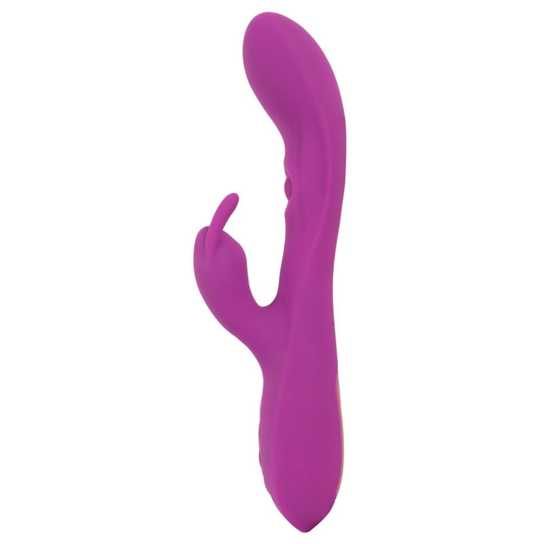 Lila Vibrator mit gebogener Form und Klopf-Funktion. Mit einem kleineren, fingerförmigen Teil.