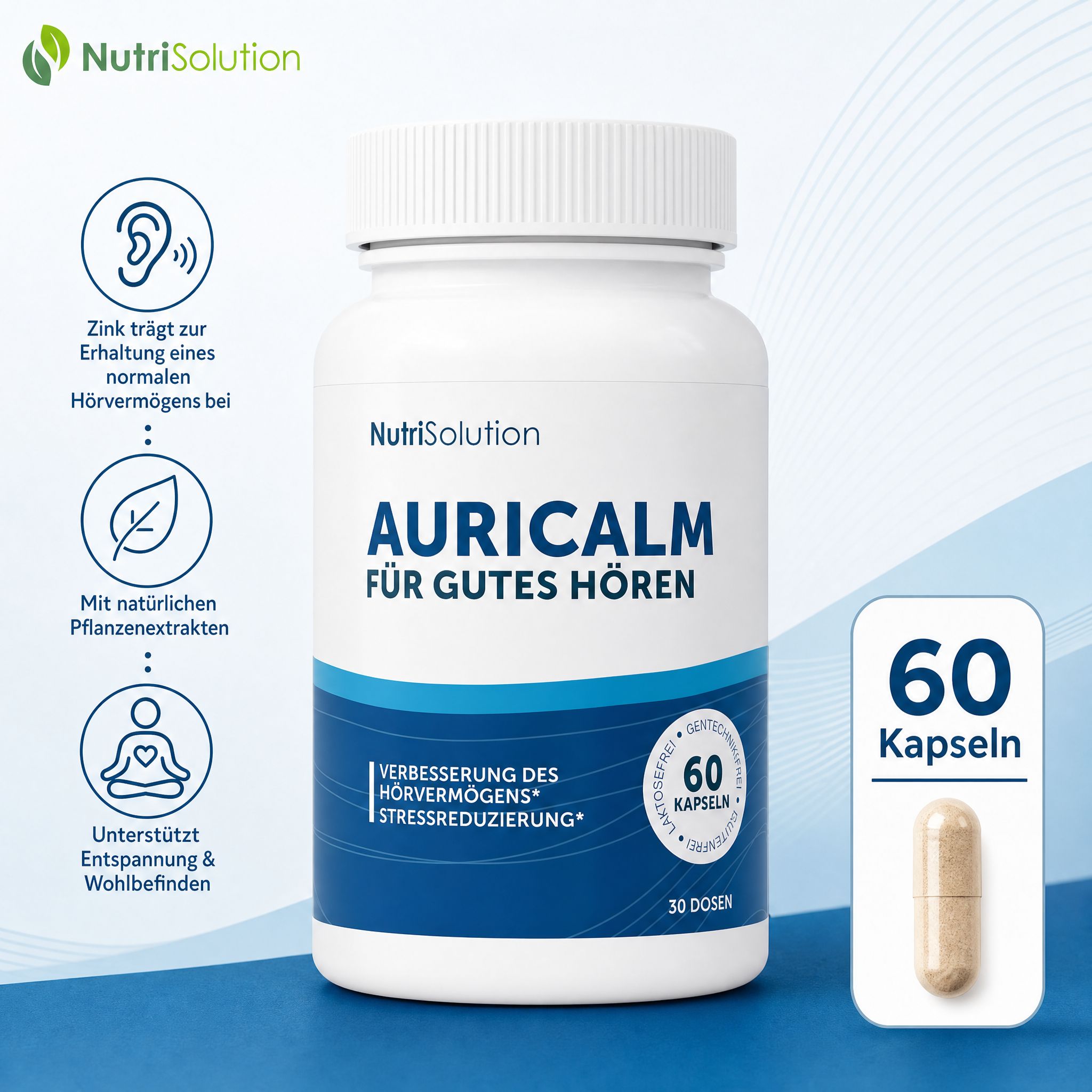 NutriSolution AuriCalm Flasche mit 60 Kapseln und pflanzlichen Extrakten.