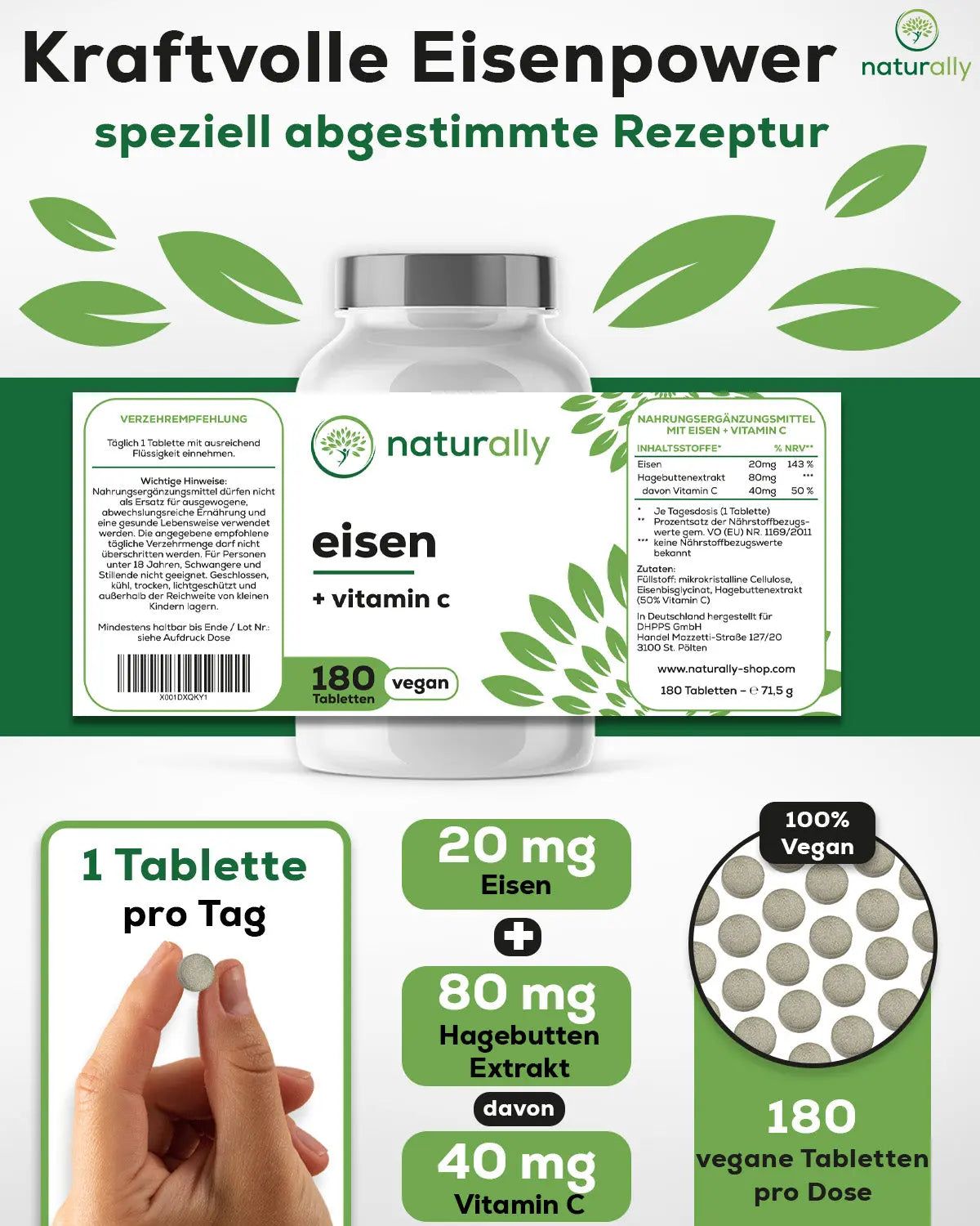 naturally Eisen und Vitamin C | 20 mg Eisentabletten mit 40 mg Vitamin C