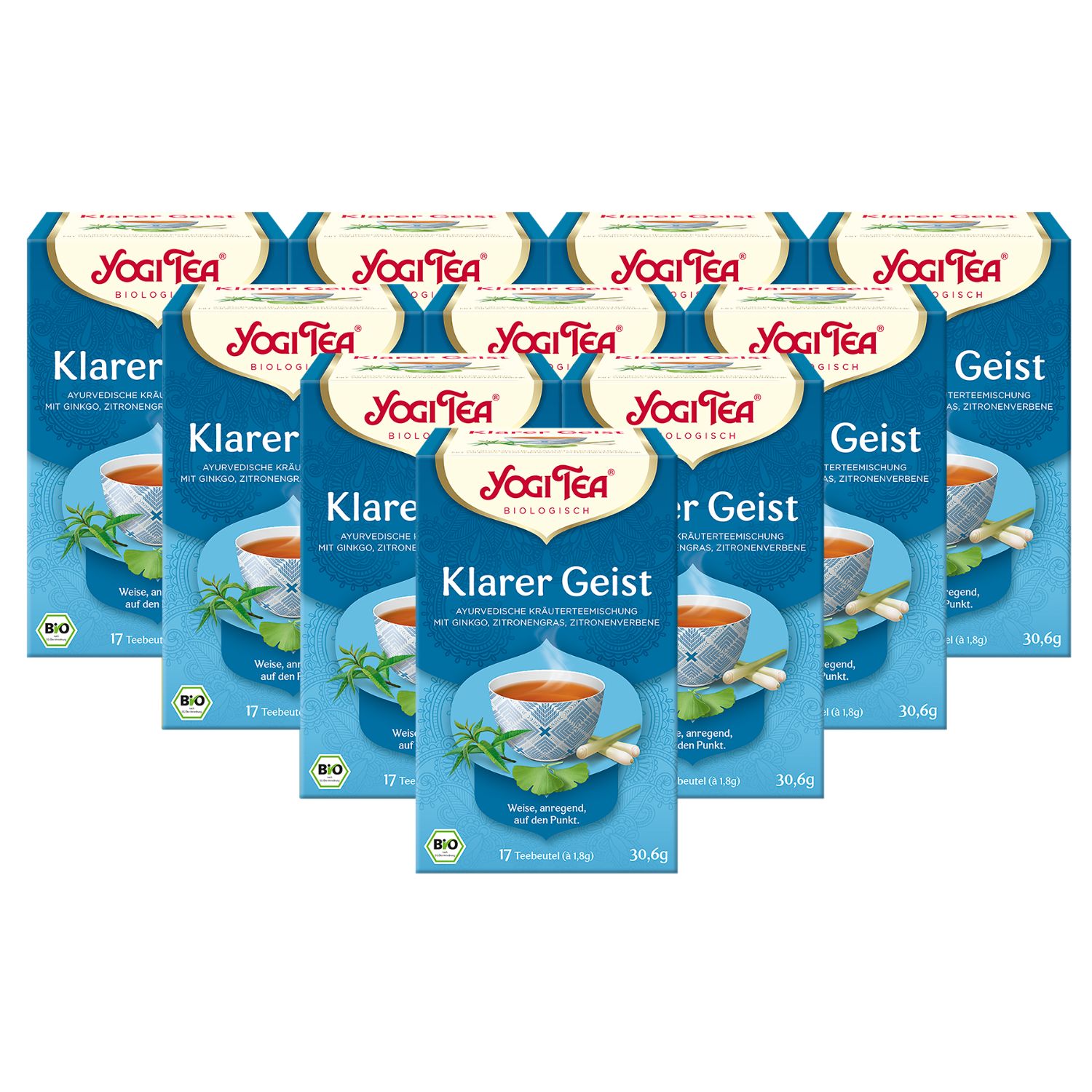 Mehrere Packungen Yogi Tea Klarer Geist. Blaue Verpackung, Logo und Produktbezeichnung. Bio-Siegel. 17 Teebeutel.