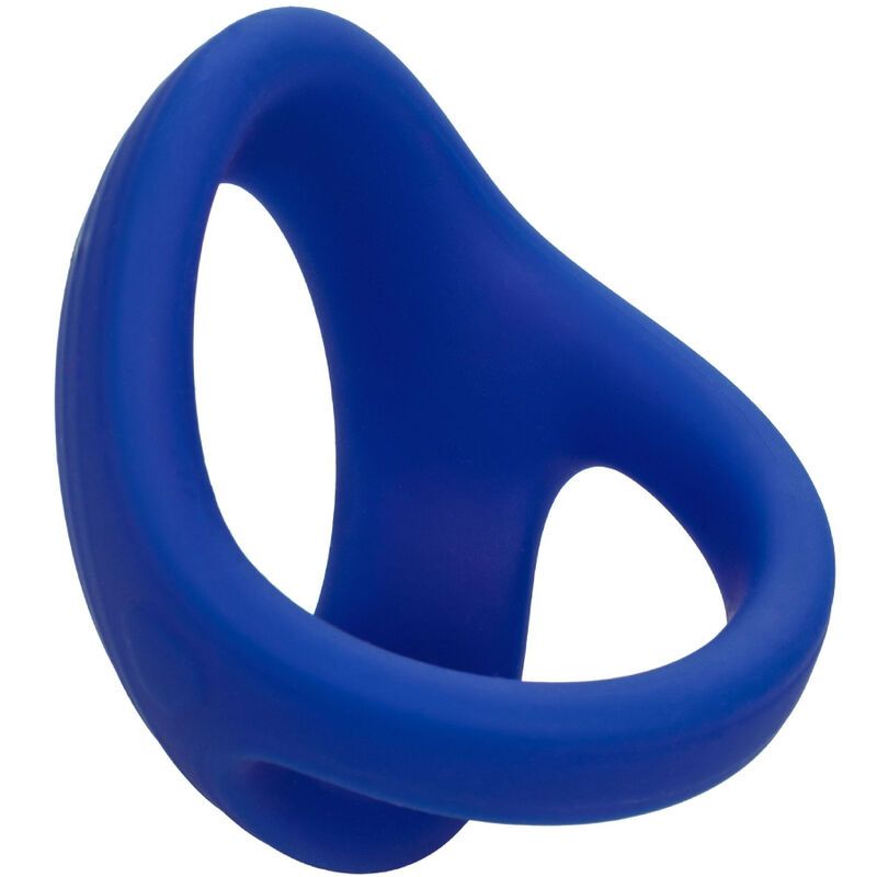 Blauer Ring mit doppelter Öffnung. Das Produkt hat eine geschwungene Form. Glatte Oberfläche.