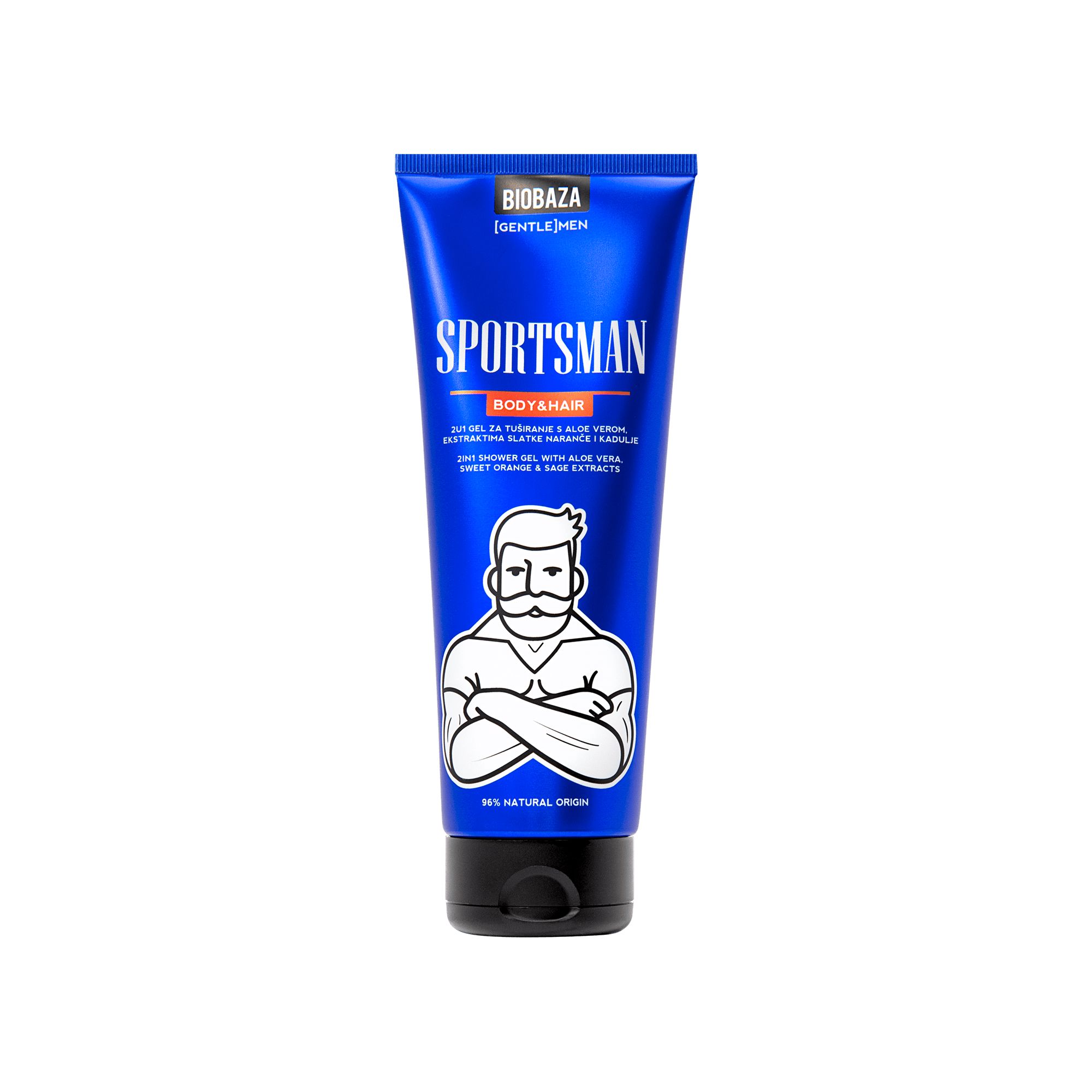 Blaue Tube mit Produktaufdruck. Enthält Text: Sportsman Body & Hair, BIOBAZA, und eine Illustration eines Mannes mit Bart.