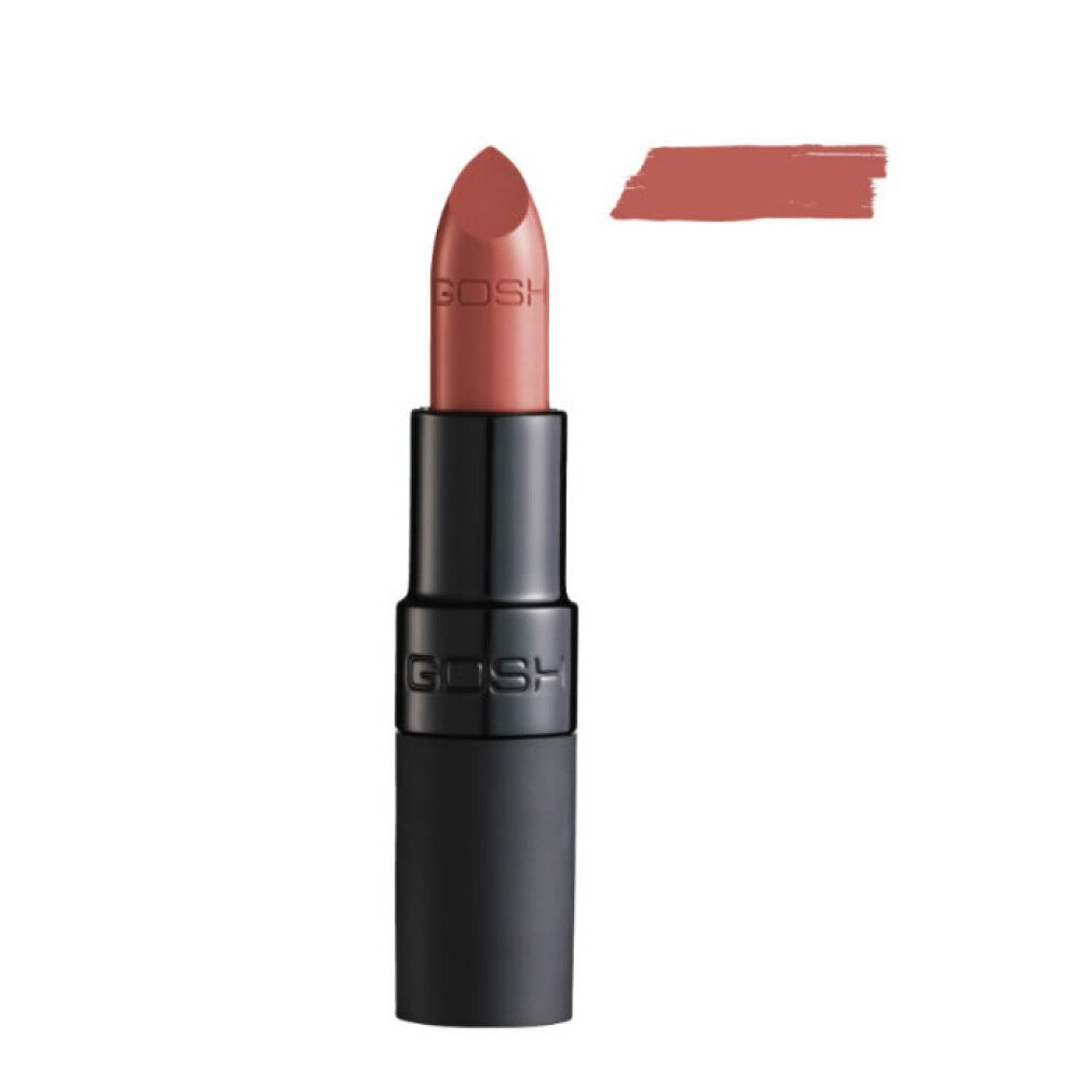 Gosh Lippenstift in Matt Cinnamon mit Farbabstrich.