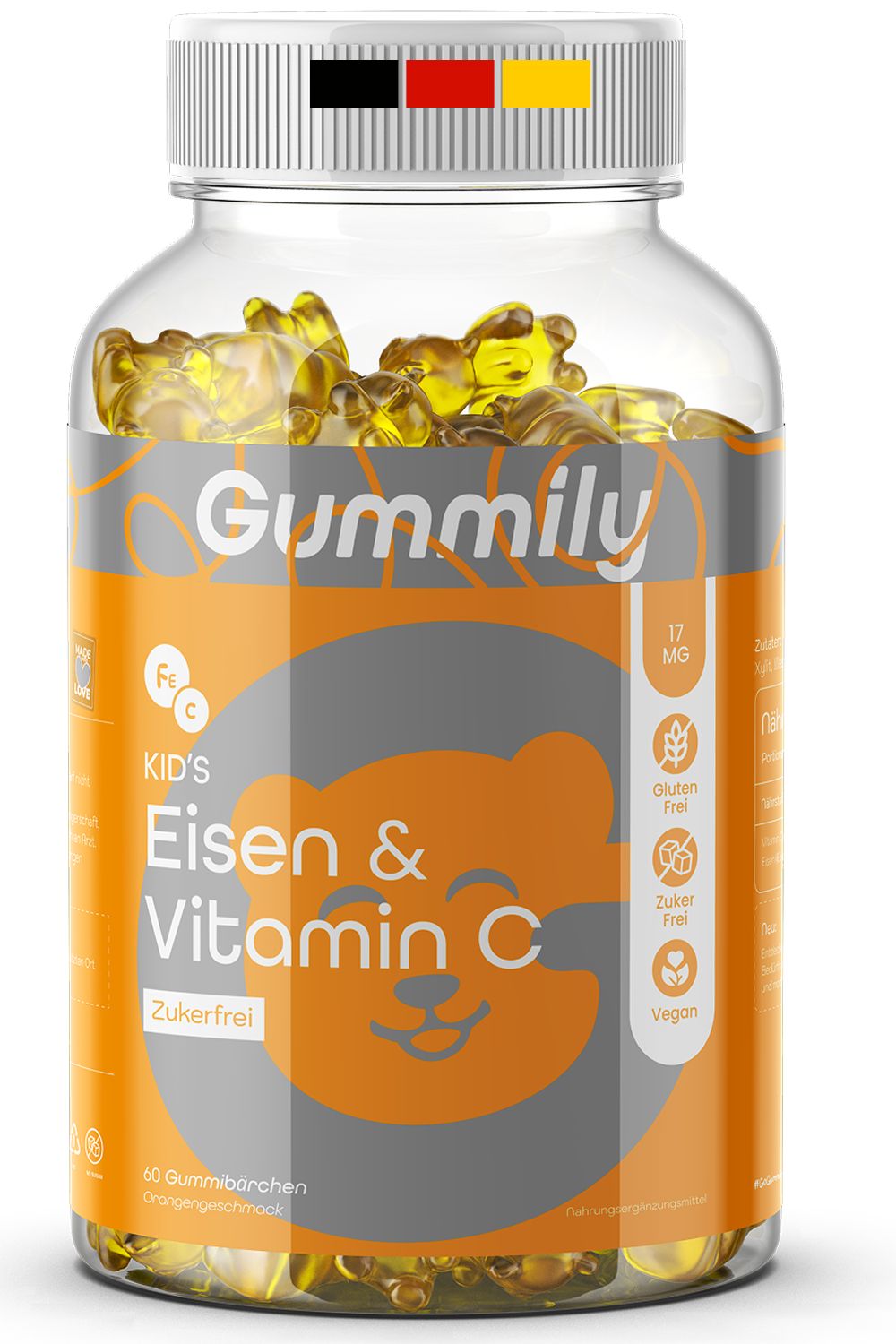 Klare Glasflasche mit gelben Gummibärchen. Aufkleber mit "Gummily", "Kids Eisen & Vitamin C", "Zuckerfrei". Vegan, glutenfrei, zuckerfrei.