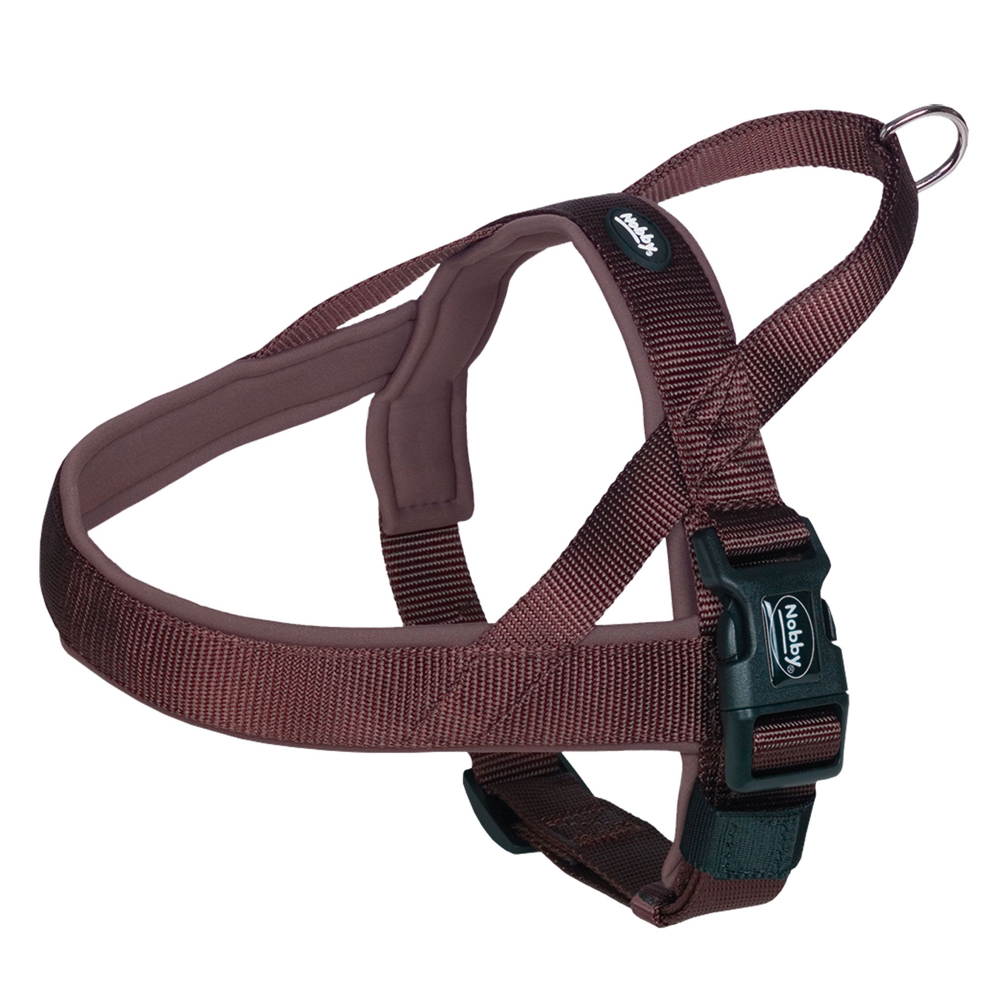 Braunes Norwegergeschirr mit schwarzem Verschluss. Marke Nobby. Gepolstert, mit Metallring.