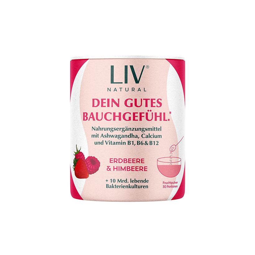 Runde Dose mit Produktaufschrift und Illustrationen von Himbeeren und Erdbeeren. Text: LIV NATURAL, Dein gutes Bauchgefühl, Erdbeere & Himbeere.