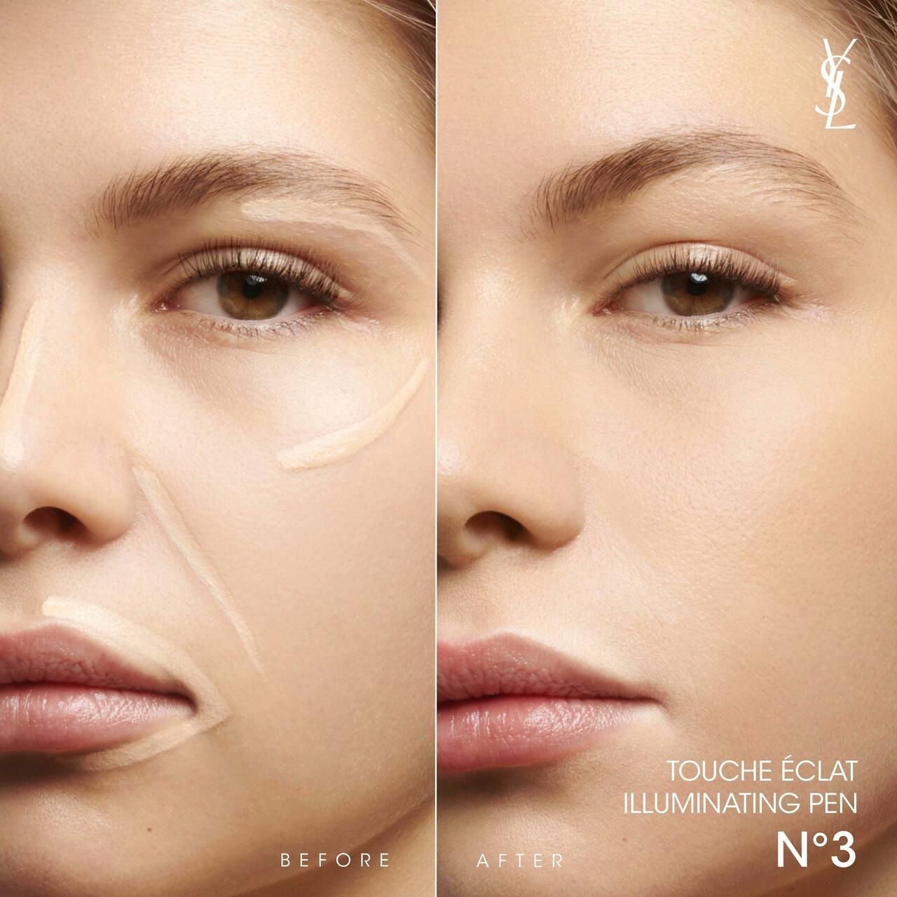 Gesicht einer Frau, links mit Produkt aufgetragen, rechts ohne. Text: Touche Éclat Illuminating Pen N°3. YSL-Logo.