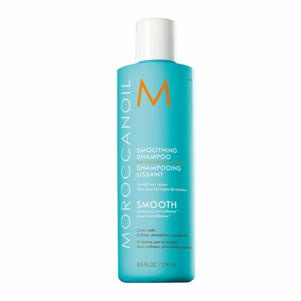 Türkisgrüne Flasche mit weißem Deckel. Moroccanoil Smoothing Shampoo. Text: Smooth, 8.5 FL.OZ./250 ml.