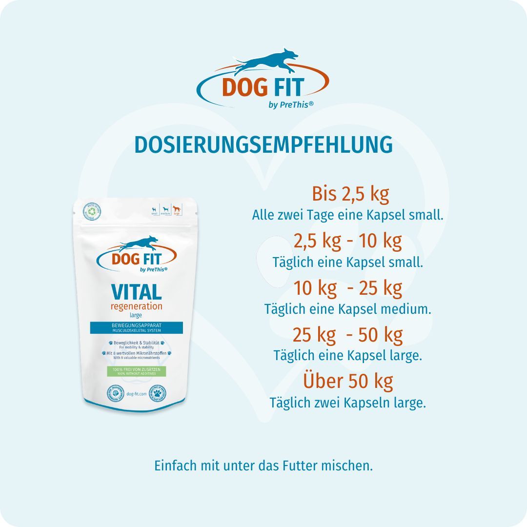 Produktbeutel mit DOG FIT Logo und Text. Text: VITAL regeneration, Dosierungsempfehlung: bis 2,5 kg, 2,5-10 kg, 10-25 kg, 25-50 kg, über 50 kg.