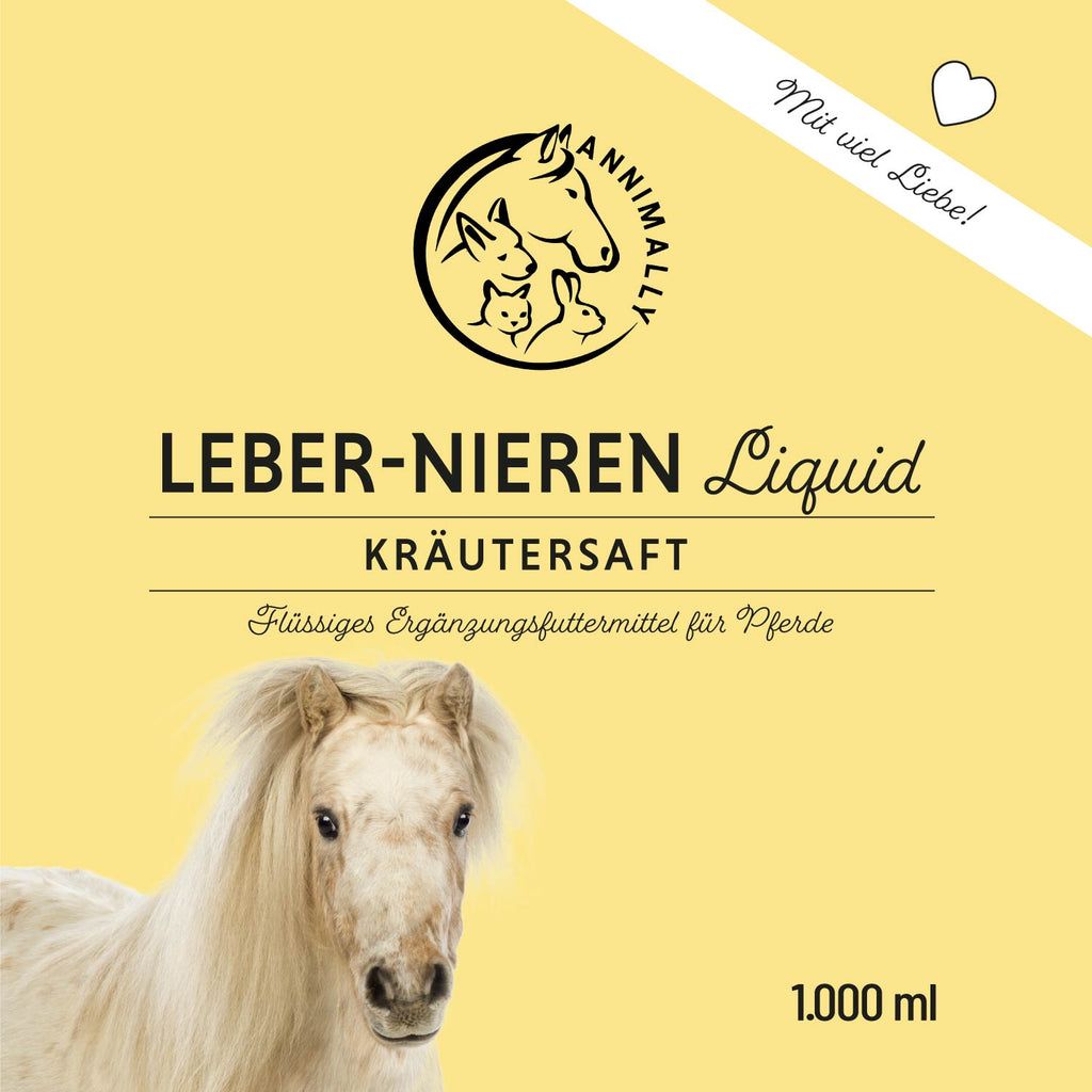 Etikett von Leber-Nieren Liquid Kräutersaft. Logo, Produktname und Inhaltsangabe. Gelber Hintergrund.