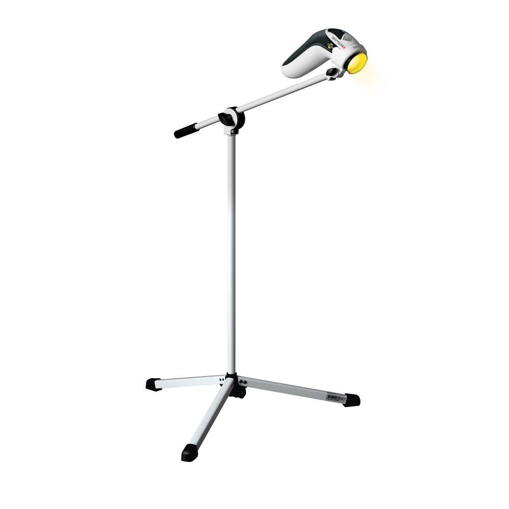 Medizinprodukt mit weißem Bodenstativ und Leuchte. Die Leuchte ist an einem flexiblen Arm befestigt. Gelbes Licht.